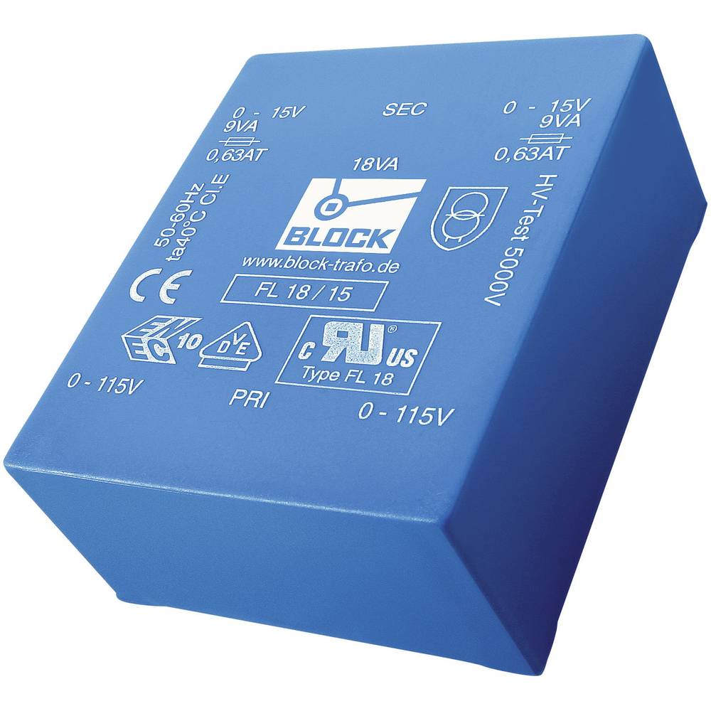 Block FL 6/18, 6 VA low profile PCB transformer 2 x 115 V to 2 x 18 V