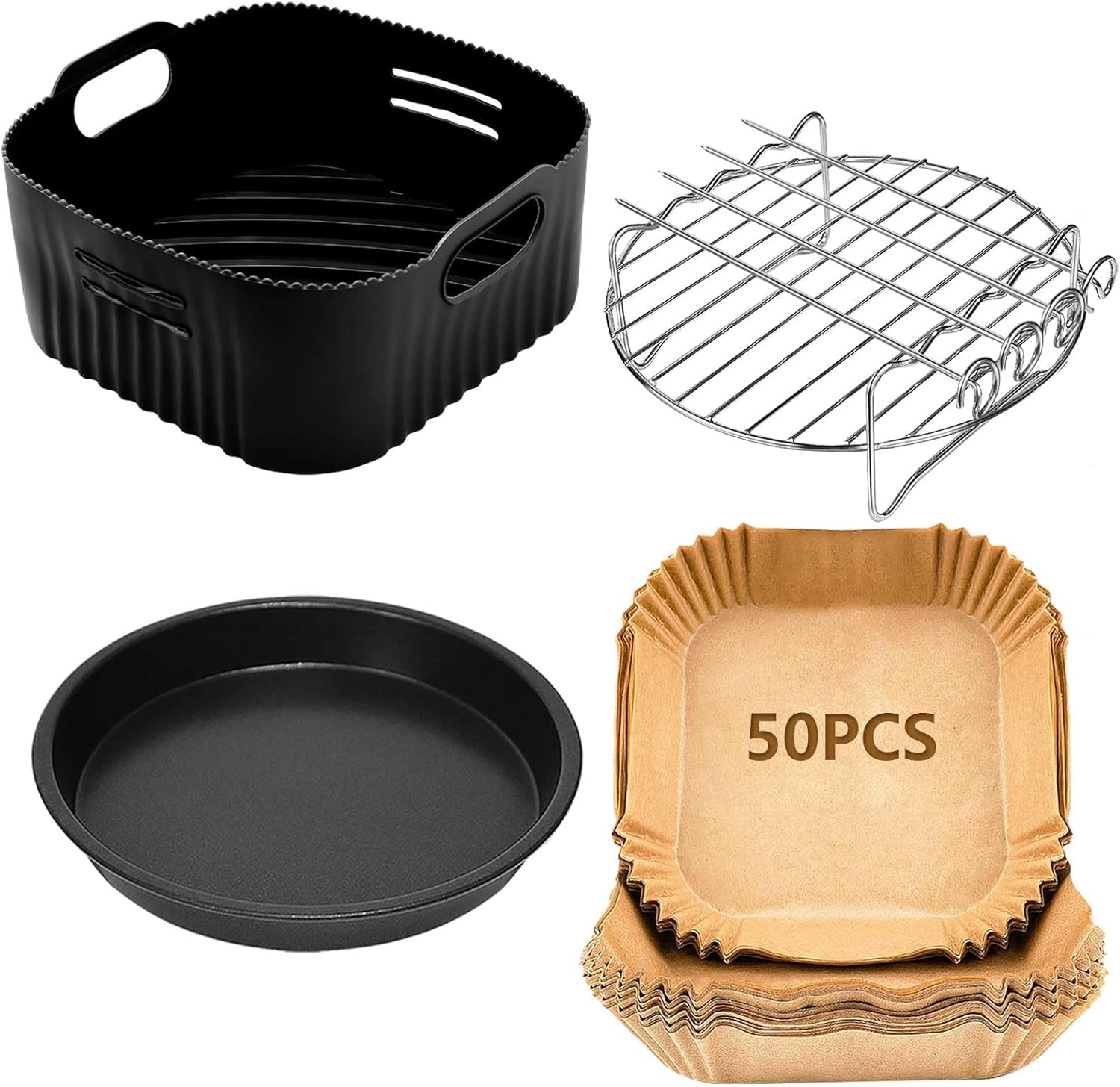 Accessori Per Friggitrice Ad Aria Da 21 Cm Compatibili Con Philips Xl 6,2 L, Cosori 5,5 L 4,7 L, Cecotec 5,5 L 6 L, 4 Stampi Riutilizzabili In Silicone Per Friggitrice Ad Aria, Teglia Per Pizza, Grigl