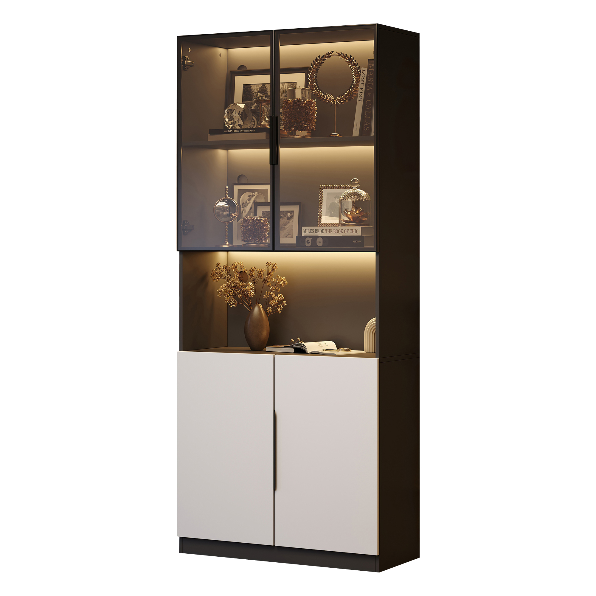 Stilvora Vitrine Mit 2 Türen, 1 Offenem Fach, Led Und Verstellbarem Einlegeboden Für Wohnzimmer, Aus Spanplatte, 80 × 30 × 200 Cm, Weiß