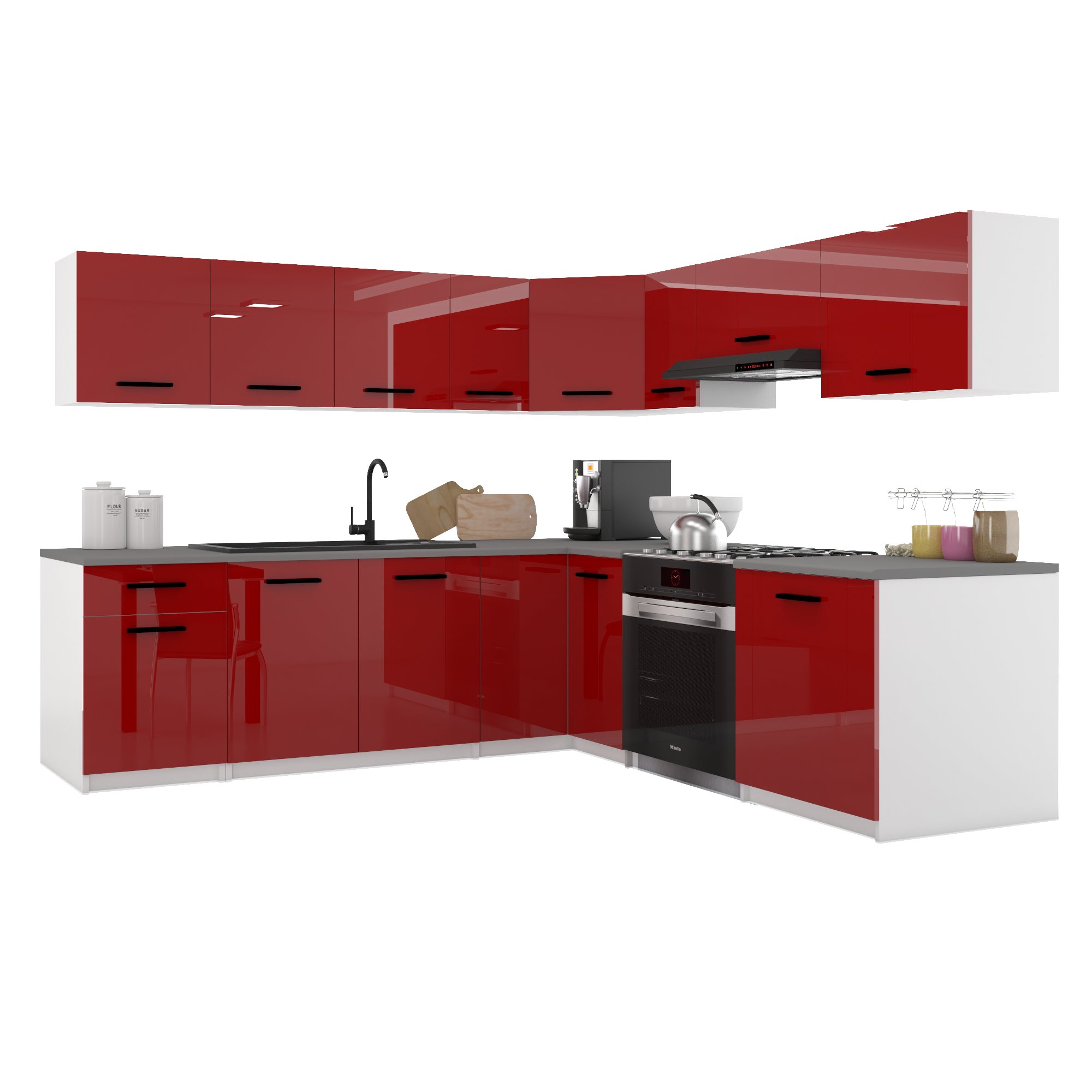 Belini Italia 7 Cuisine Equipée Modulaire Complète - 420 Cm. Meubles Hauts Bas Avec Plan De Travail, Rouge