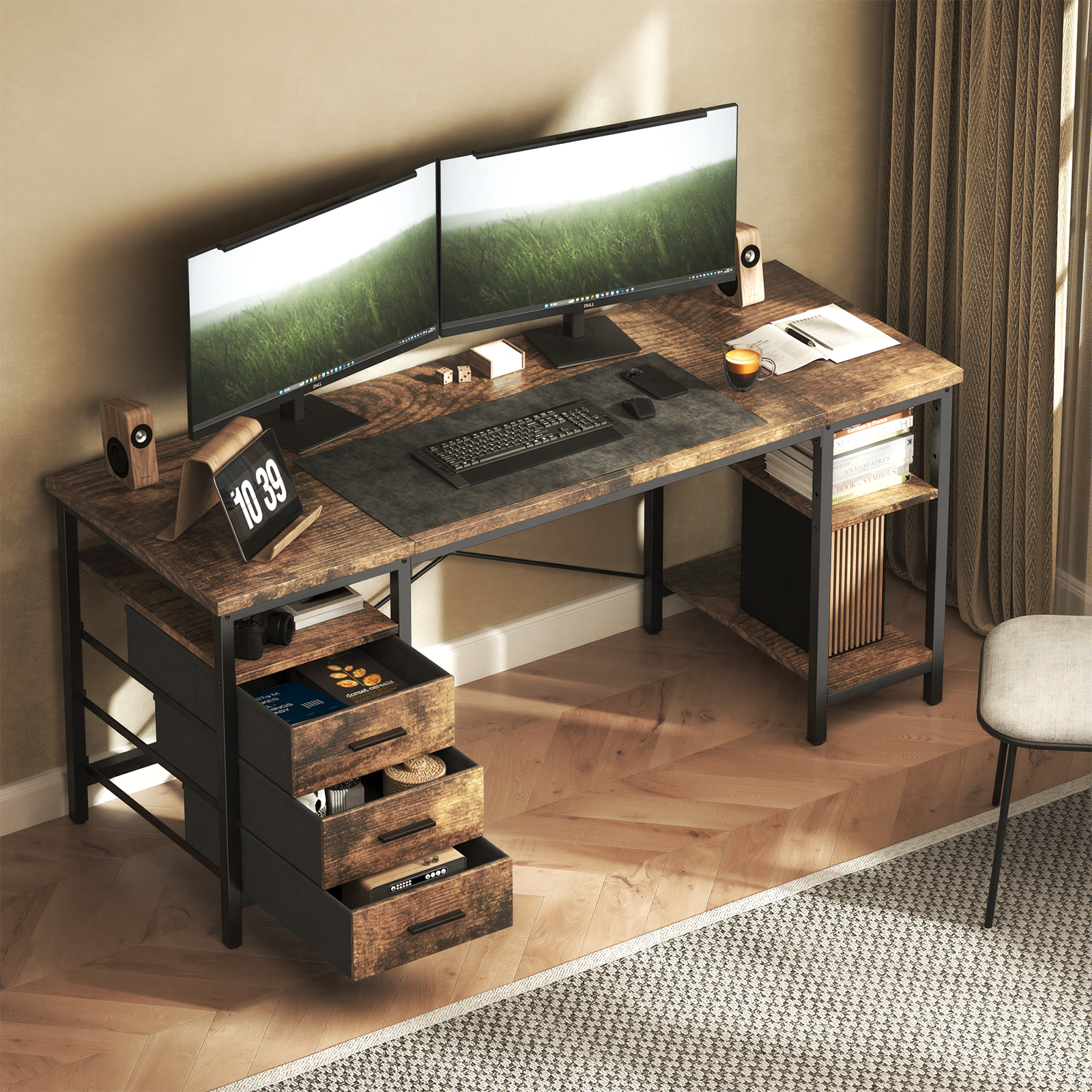 Bureau Avec 3 Tiroirs En Tissu 160 × 60 ×75 Cm Bureau Gaming Avec 3