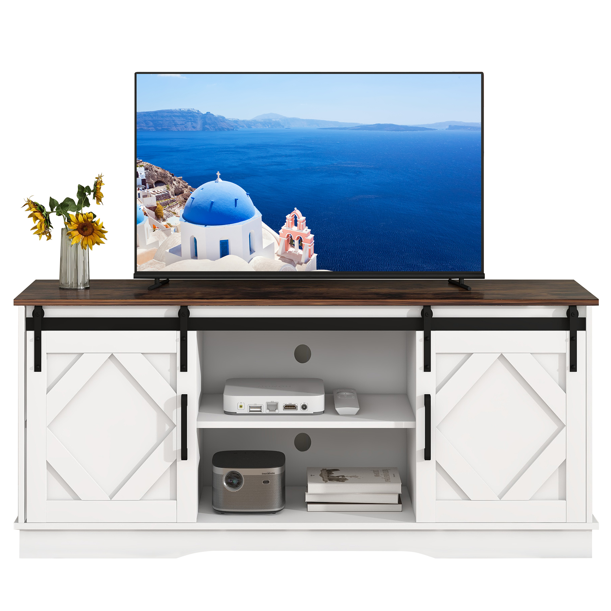 Stilvora Tv-schrank Mit 2 Schiebetüren, 2 Offenen Fächern Und 2 Verstellbaren Einlegeböden, Für Wohnzimmer, Aus Spanplatte, Weiß Braun, 150×40×60 Cm