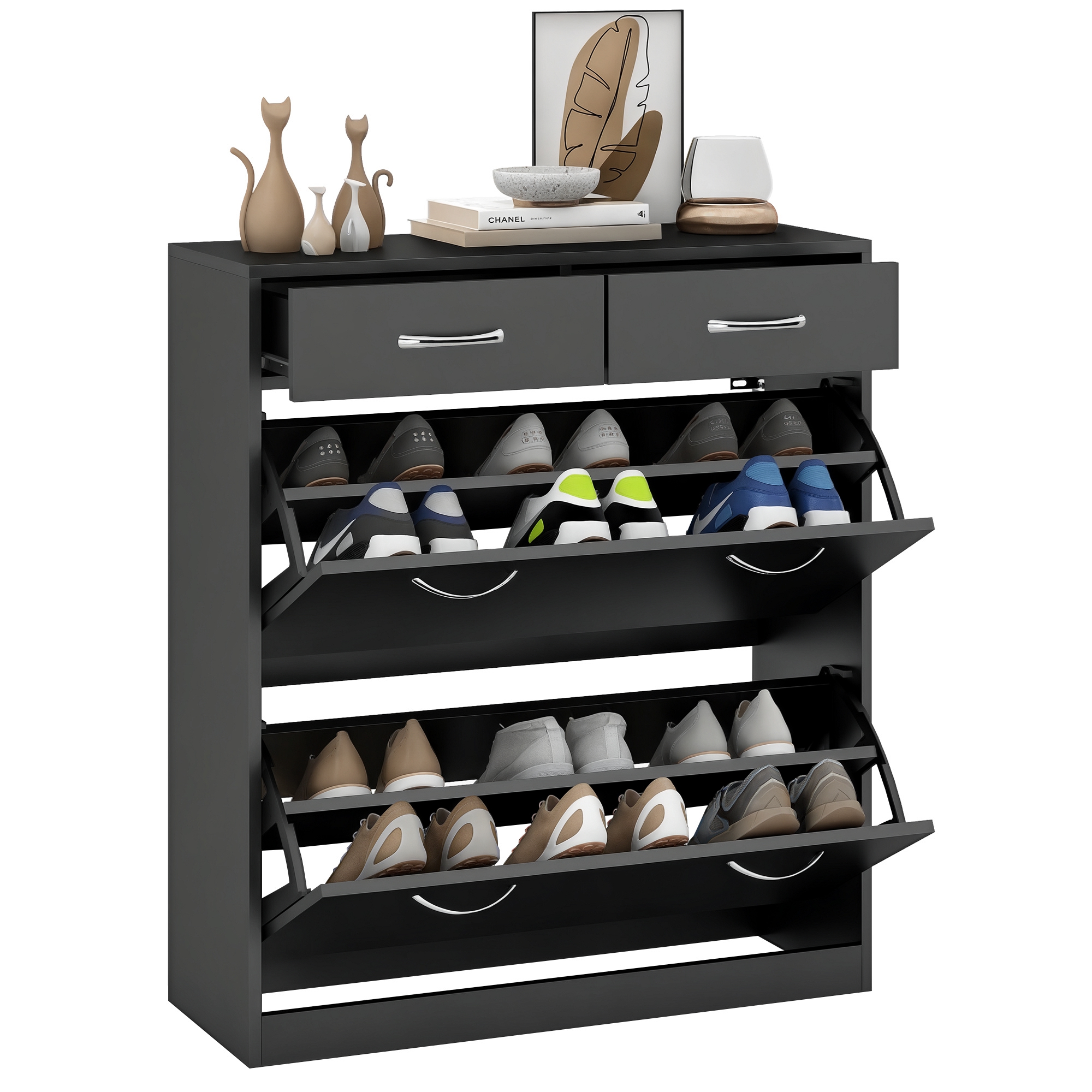 Meuble Chaussures Noir Avec 2 Tiroirs Et 2 Portes Abattantes