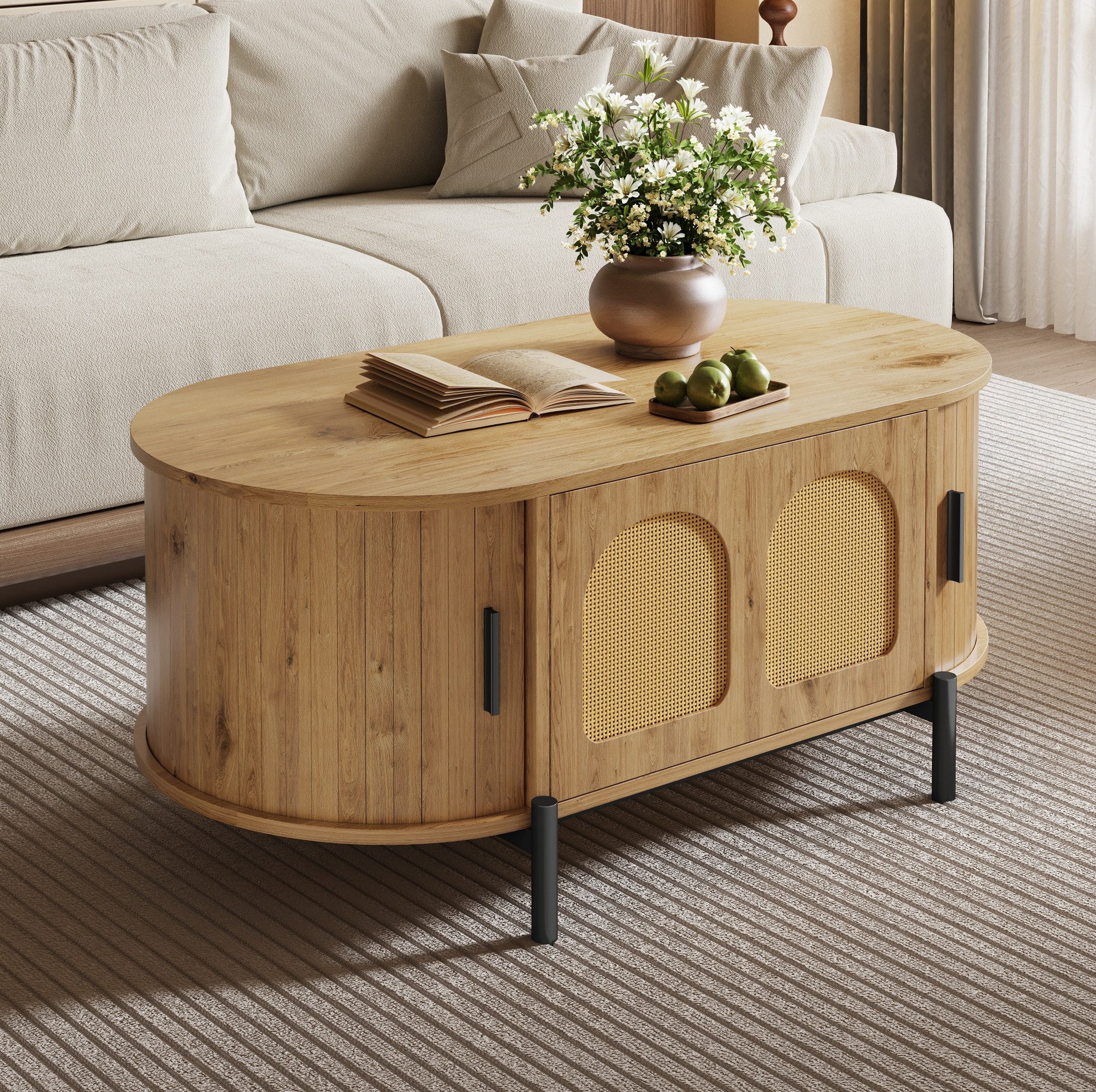 Table Basse Ovale Avec Portes Coulissantes Et Porte En Rotin