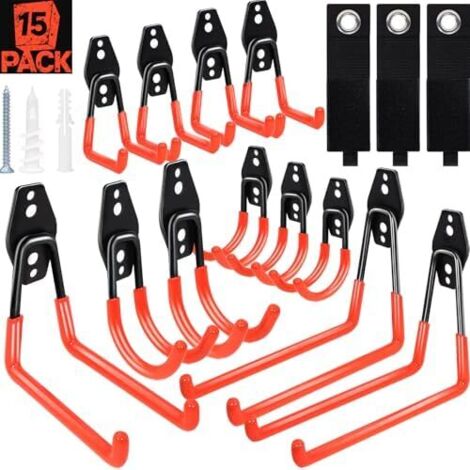Lot de 15 crochets muraux pour garage, 5 tailles, revêtement antidérapant orange, fixation murale