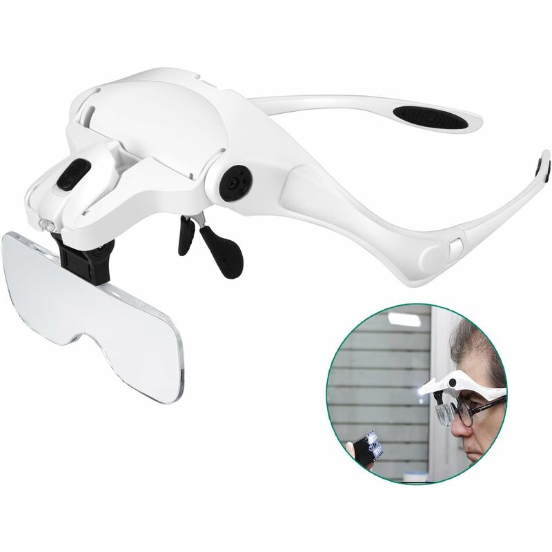 Loupe frontale avec 5 lentilles de grossissement 1.0X à 3.5X, 2 LED, boîte de rangement et chiffon inclus