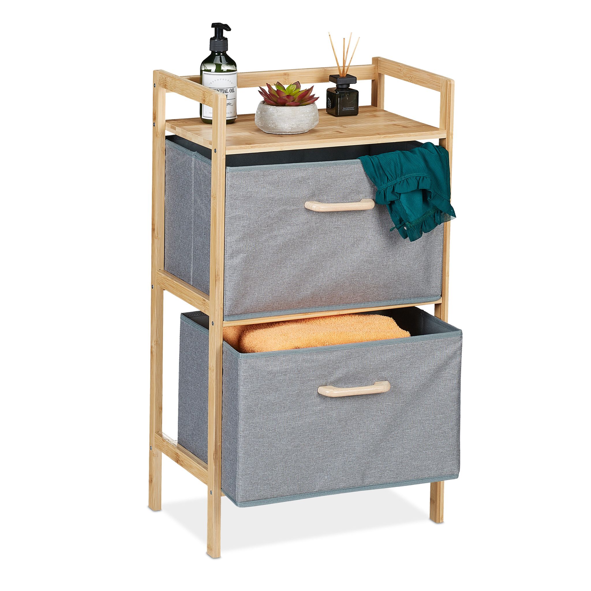 Scaffale Portabiancheria, Mobiletto Da Bagno In Bambù Con 2 Sacchi Rimovibili, 76 X 43 X 27 Cm, Marrone Grigio - Relaxdays
