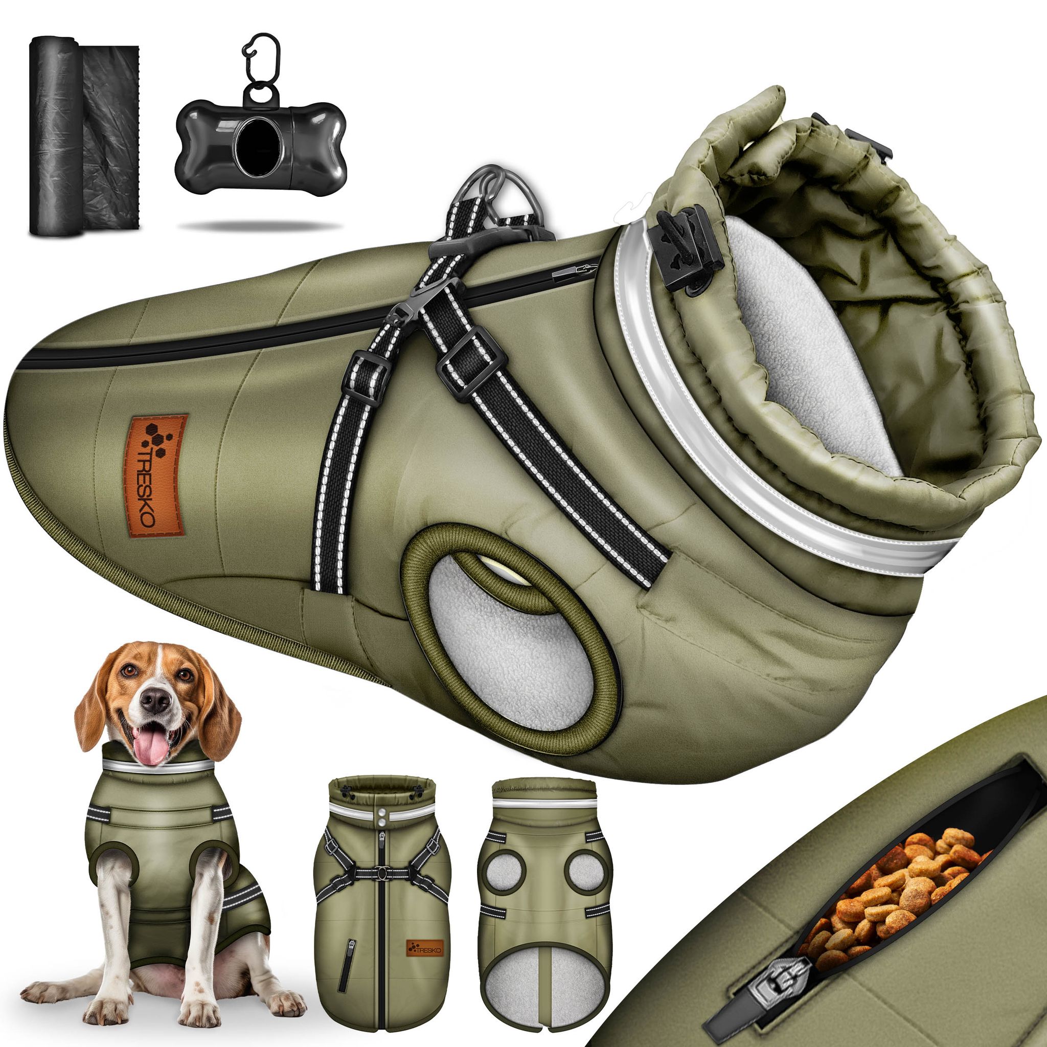 Tresko® Hundejacke Grün / Größe M Winter Mit Reflektoren Inkl. 15 Stück Kotbeutel + Spender Hunderegenmantel Wasserdicht Hundemantel Inkl.