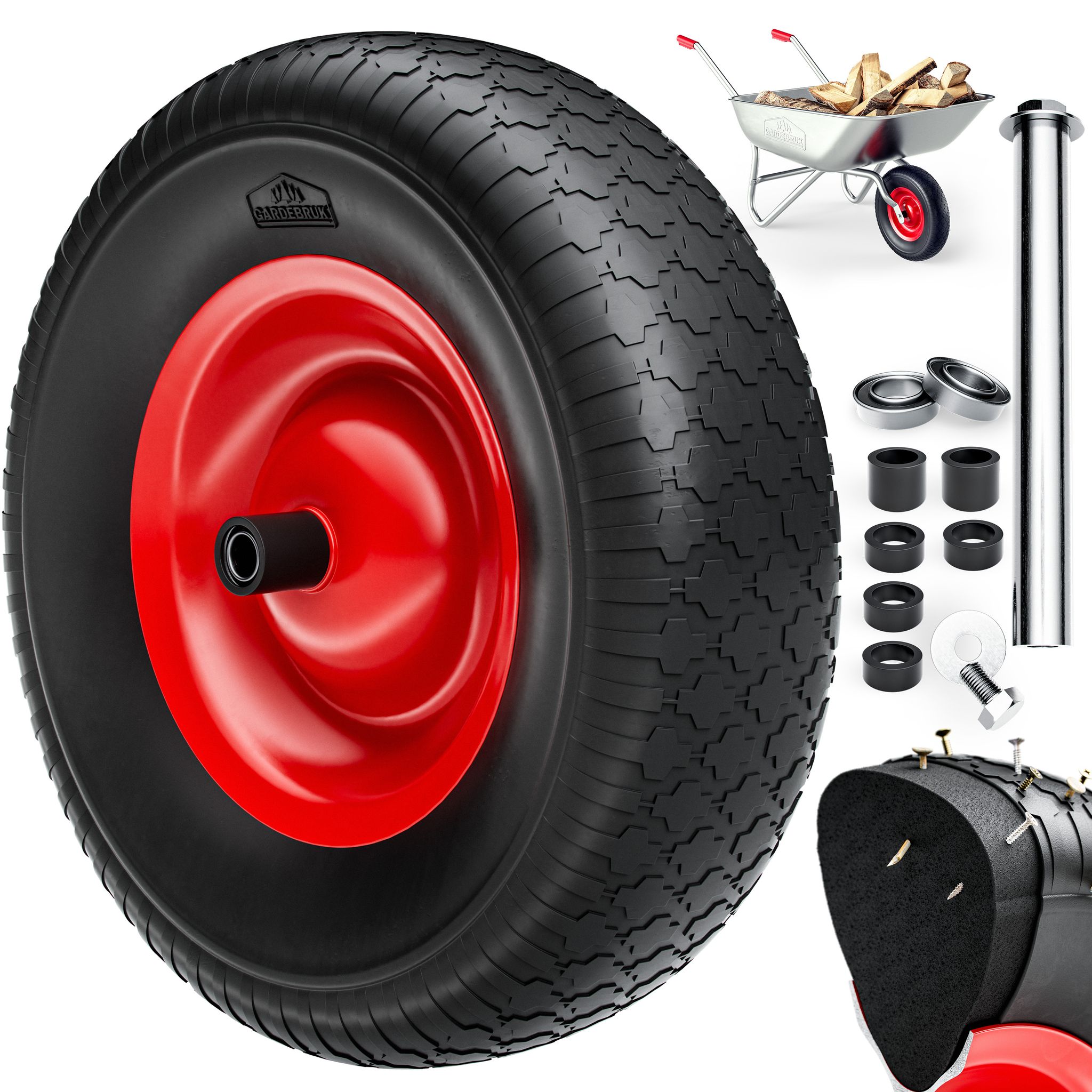 Gardebruk - Schubkarrenrad 4.80/4.00-8 Ø 390mm 200 Kg Achse Schubkarrenreifen Felge Ersatzrad Gartenkarre Schwarz