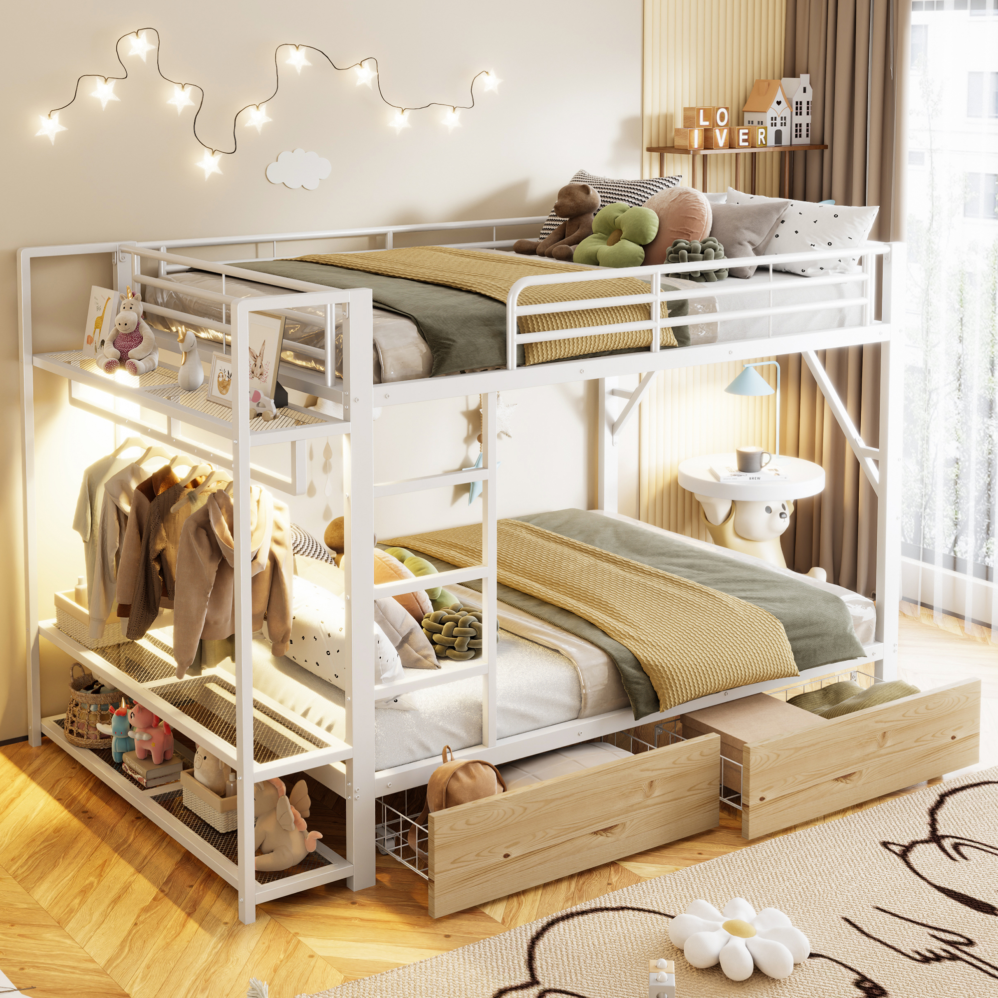 Stilvora Hochbett 140 X 200 Cm Mit 2 Schubladen, Regalen, Led Und Kleiderstange, Ohne Matratze, Aus Metall, Weiß