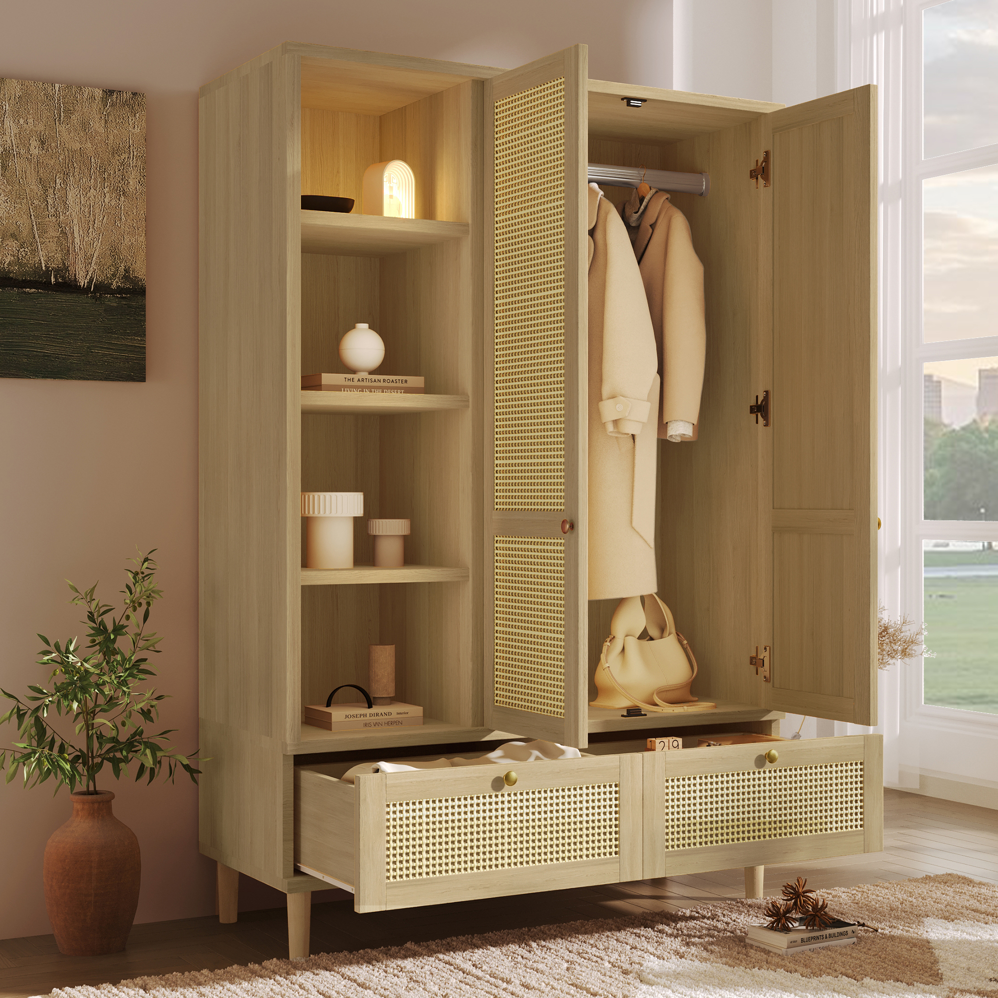 Armoire De Chambre En Bois Massif Avec Tiroirs Et Penderie, Garde-penderie Style , 2 Portes Et 2 Tiroirs, 180x120x50 Cm Effet Chêne