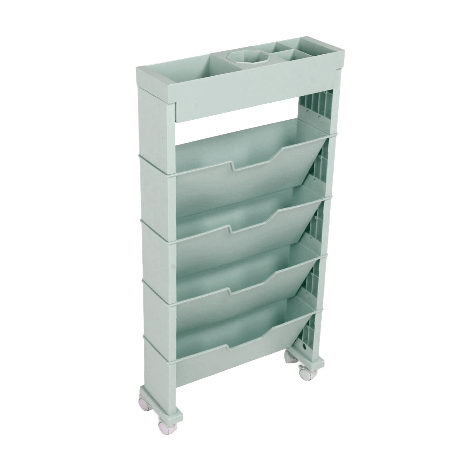 Étagère mobile à livres multi-niveaux, plastique épaissi, 4 roulettes 360° avec frein, bleu