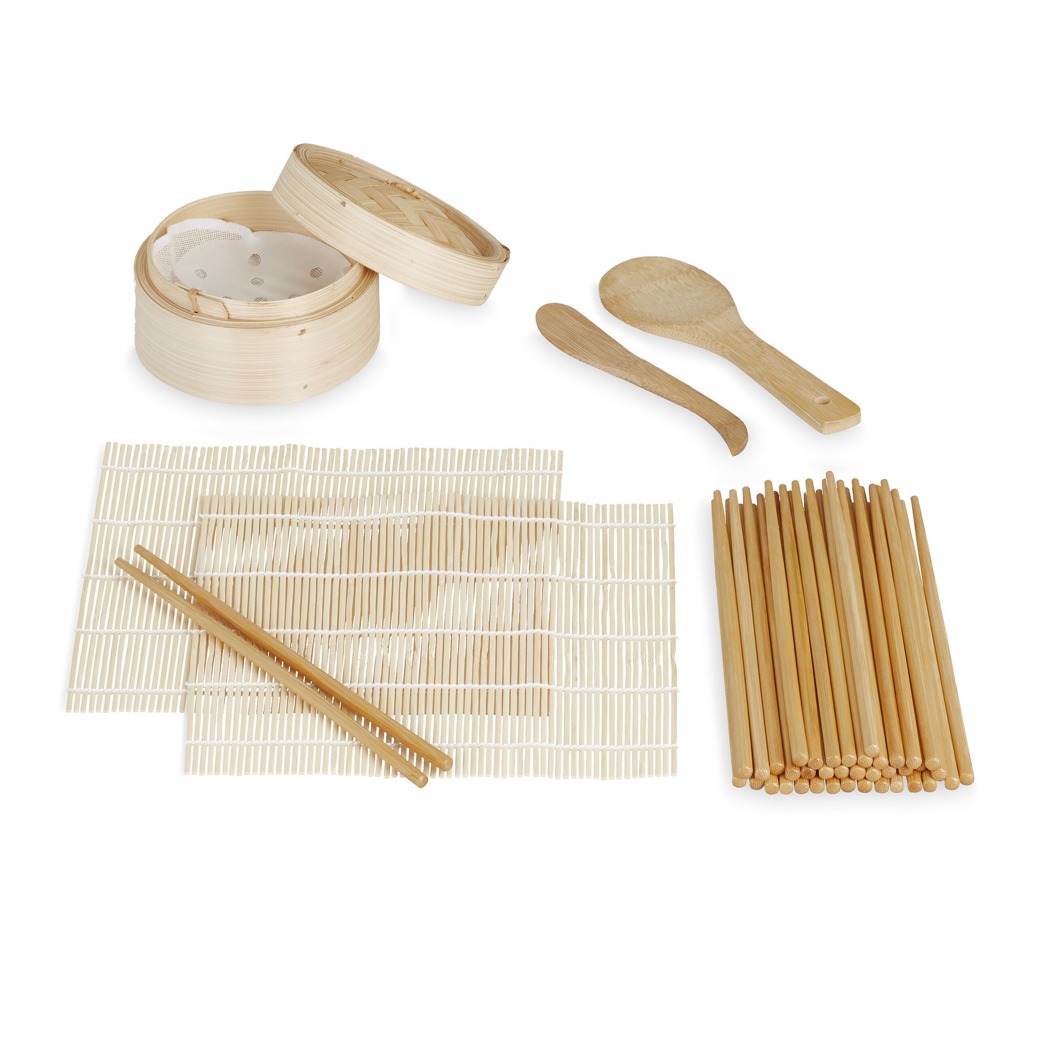 Sushi Making Set, Bamboo, 2 Mats, Steamer, 20x Chopsticks, Rice Spoon, Rice Spatula, Sushi Maker, Natural - Relaxdays