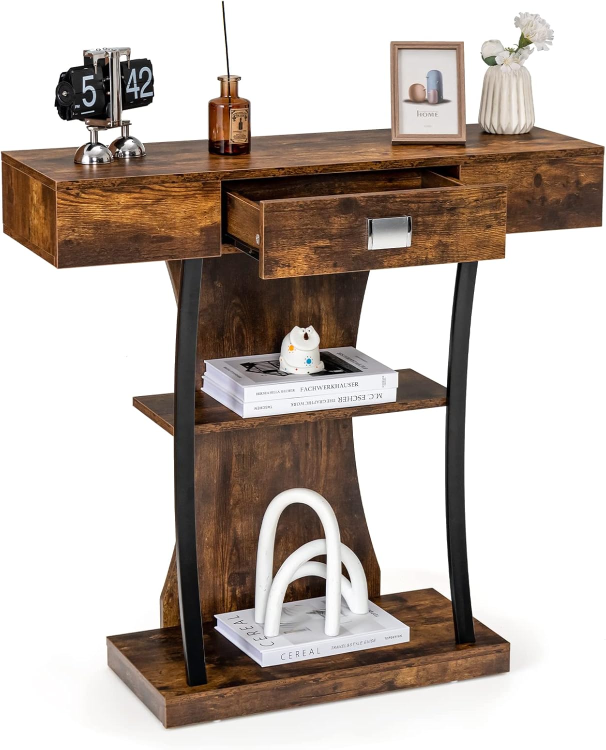 Table De Console Industirelle À 3 Niveaux, Table D'Entrée Avec Tiroir & Dispositif Anti-basculement, 91x30x88 Cm,marron - Goplus