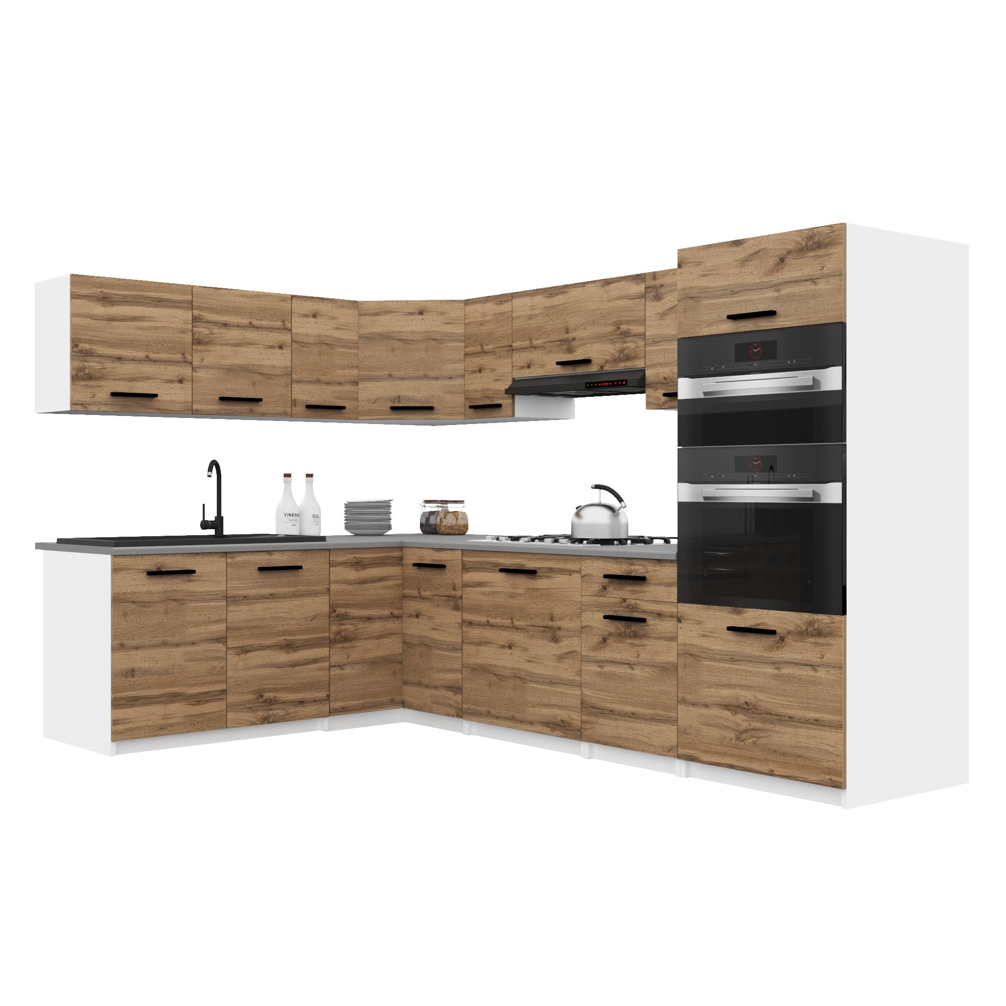 Belini Italia 8 Cuisine Equipée Modulaire Complète - 420 Cm. Meubles Hauts Bas Avec Plan De Travail, Brun Doré