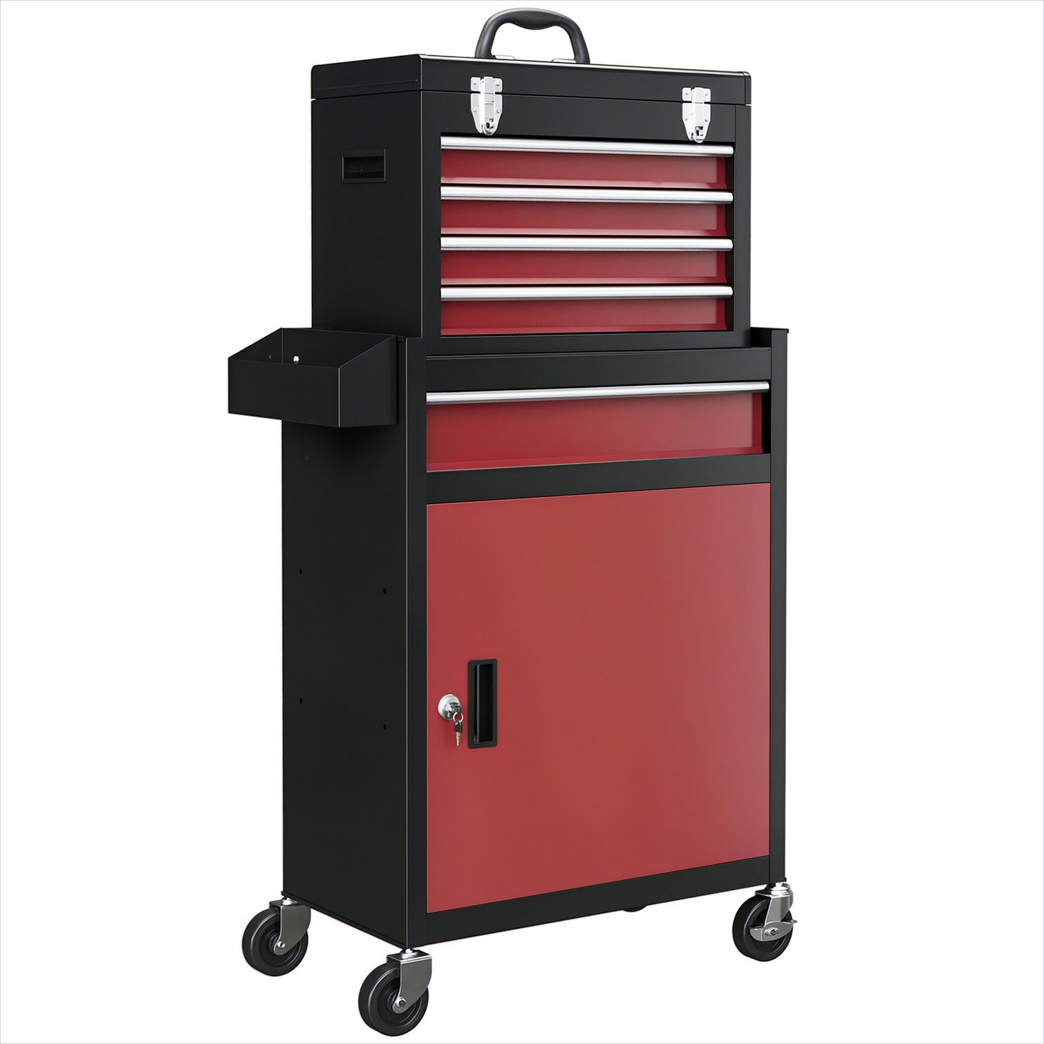 Armoire à outils sur roulettes en acier rouge, 5 tiroirs et coffre amovible, 60 x 28 x 102 cm, SUNJET