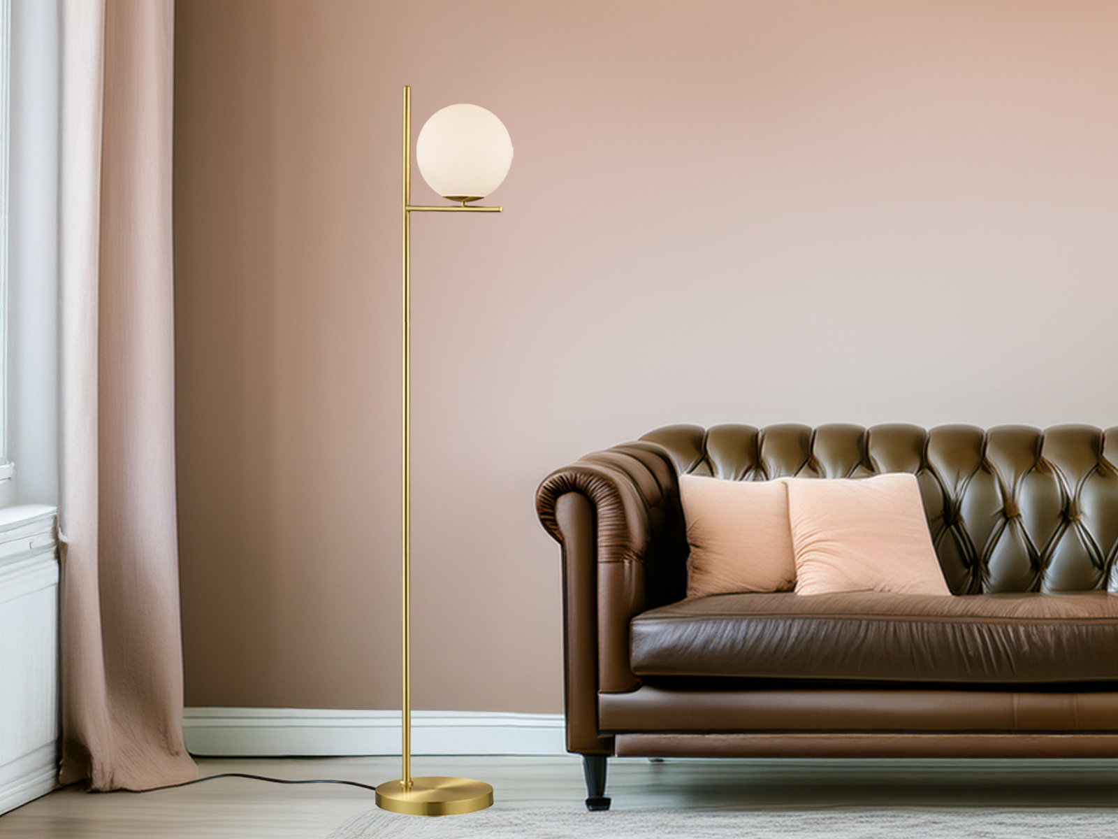 Retro Stehlampe Pure Messing Mit Glaskugel Lampenschirm Weiß, Höhe 150cm