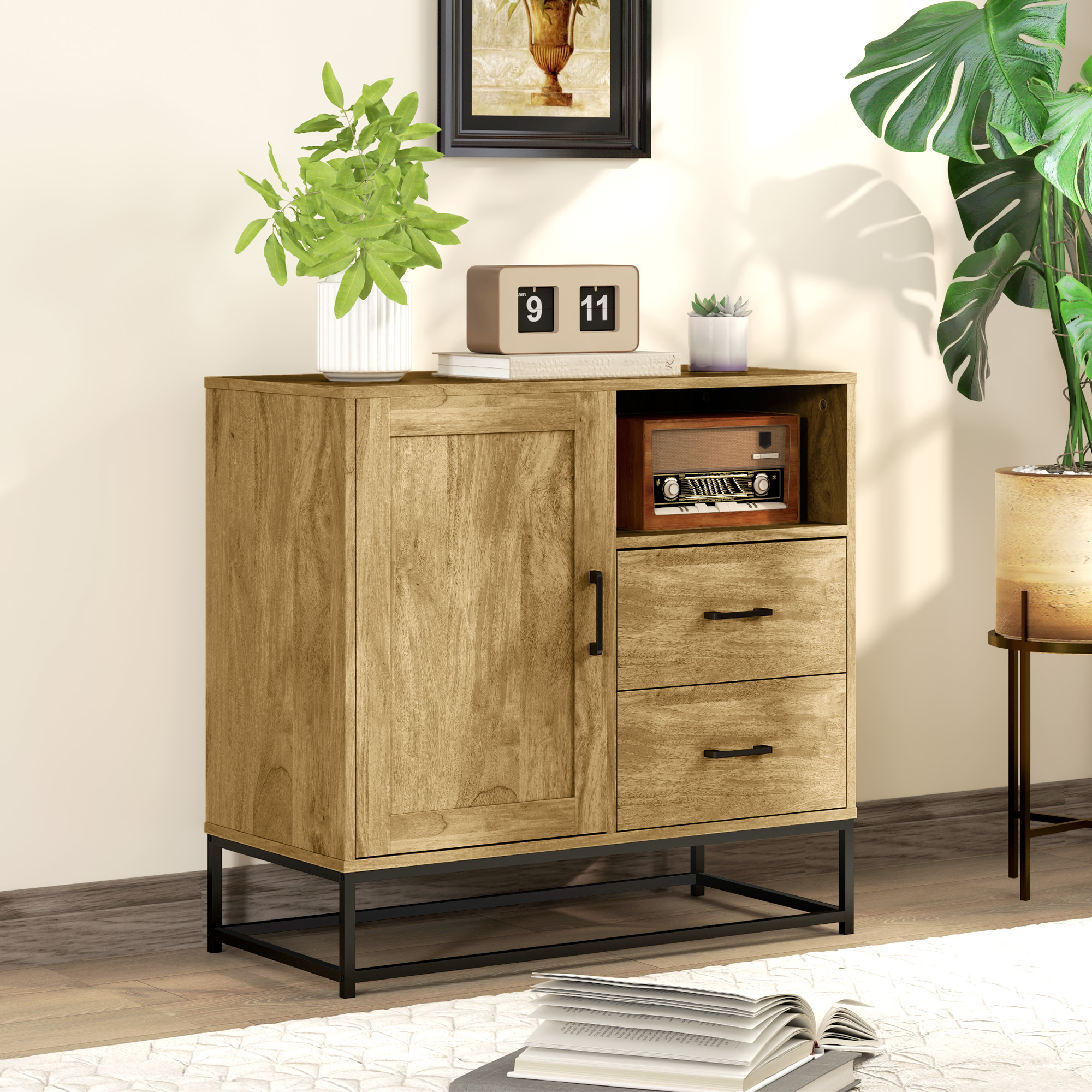 Buffet. Meuble De Rangement Avec 2 Tiroirs. Compartiment Ouvert Et