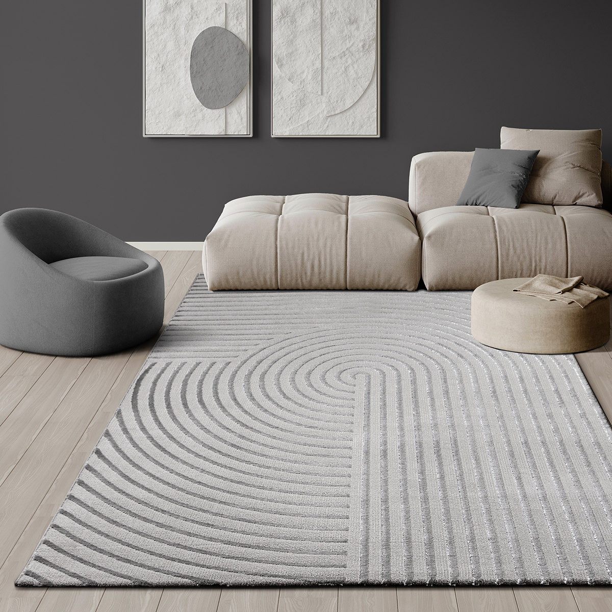 The Carpet Knight Eleganter, Hochwertiger, Wohnzimmer Teppich, Softer Kurzflor, 3-d Effekt, Glänzende Design-elemente, Grau, 080 X 150 Cm