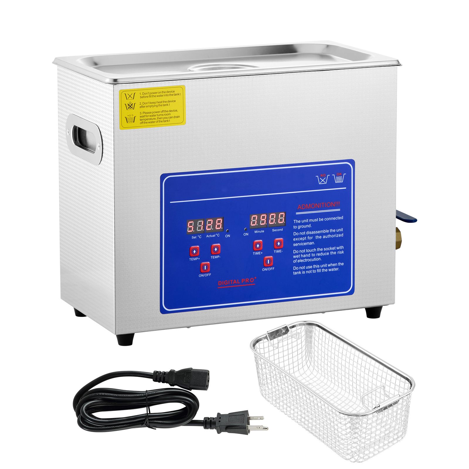 Nettoyeur ultrasonique professionnel 6L acier inoxydable SUS304, minuterie numérique et chauffage, 40 kHz, panier inclus