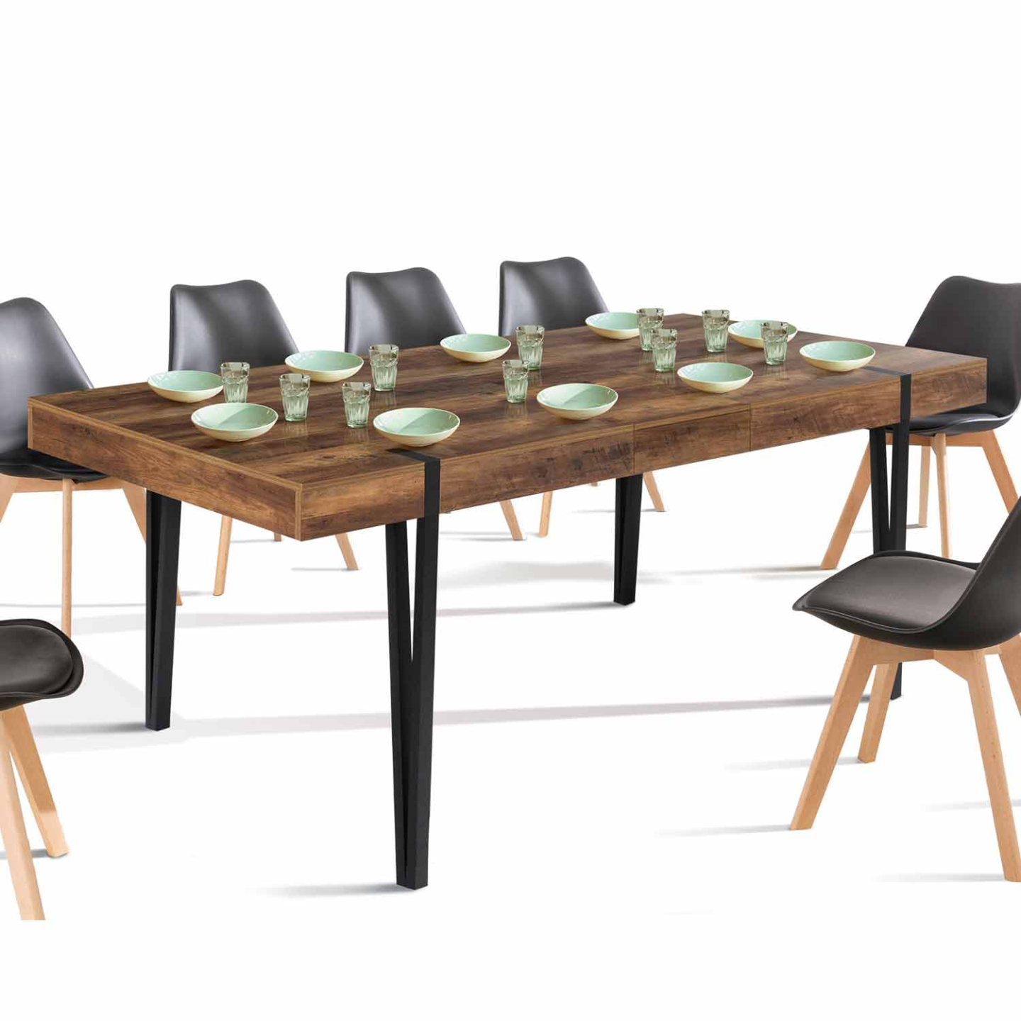 Table À Manger Extensible Rectangle Austria 6-10 Personnes Bois Foncé Pied Épingle Noir 160-200 Cm