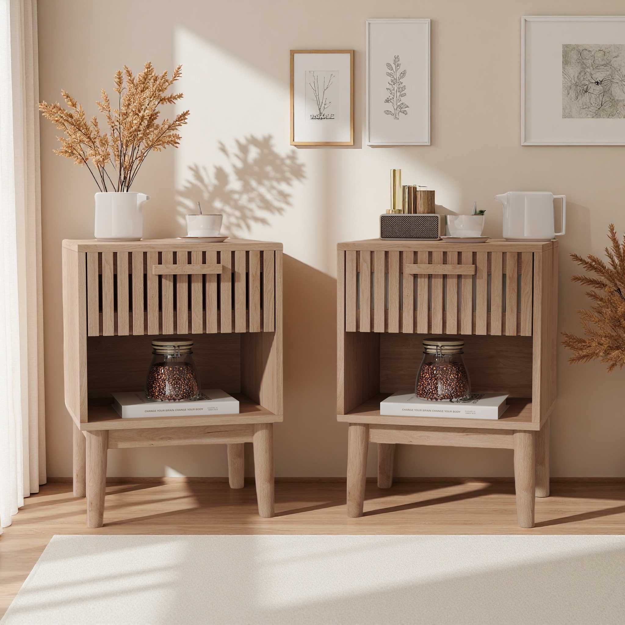 Lot De 2 Table De Chevet Avec 1 Tiroir Et Compartiment Ouvert