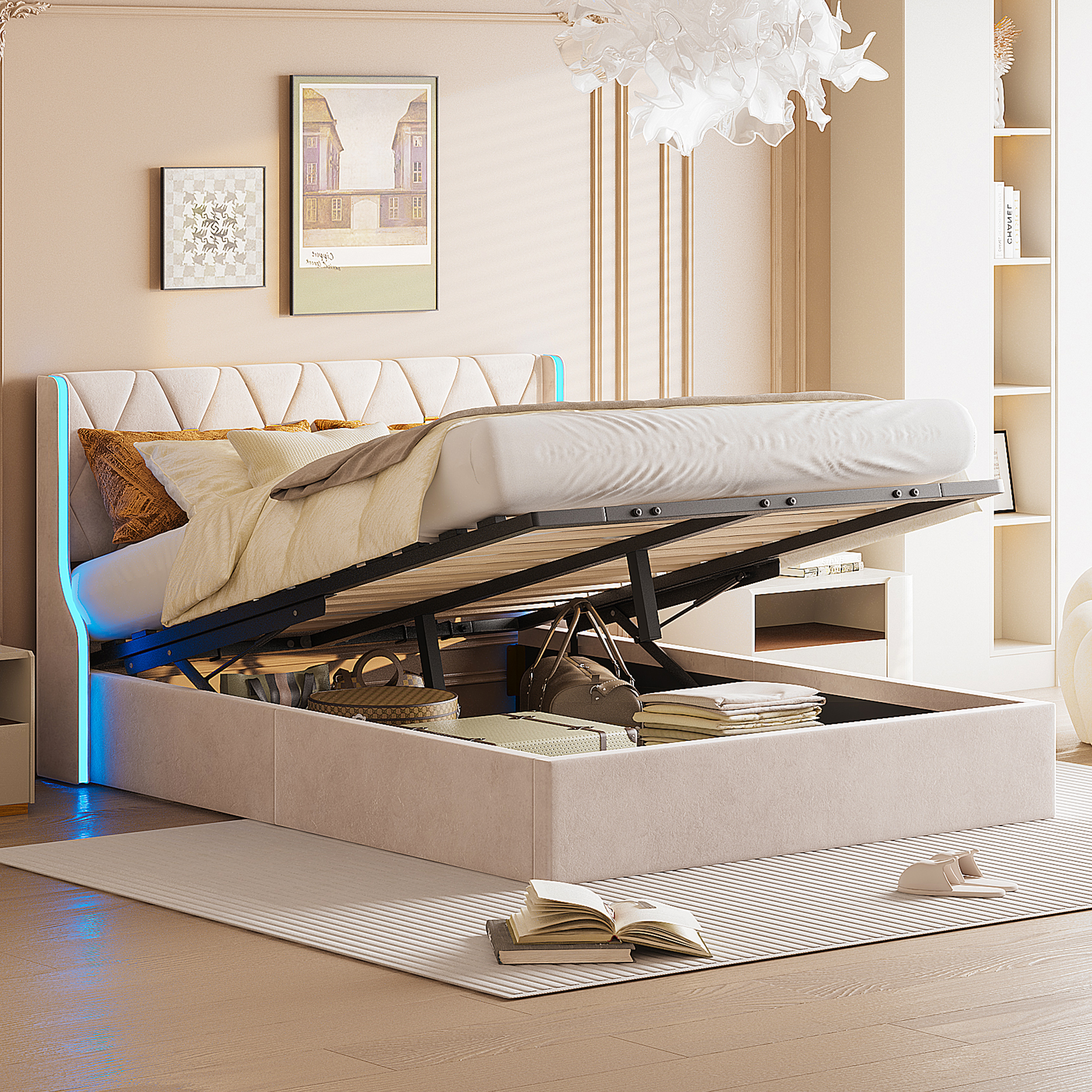 Lit 160 X 200 Avec Sommier,lit Coffre Double 160 X 200,lit Capitonné Avec Rangement, Tête De Lit Avec Lumières Led Réglables,velours,beige