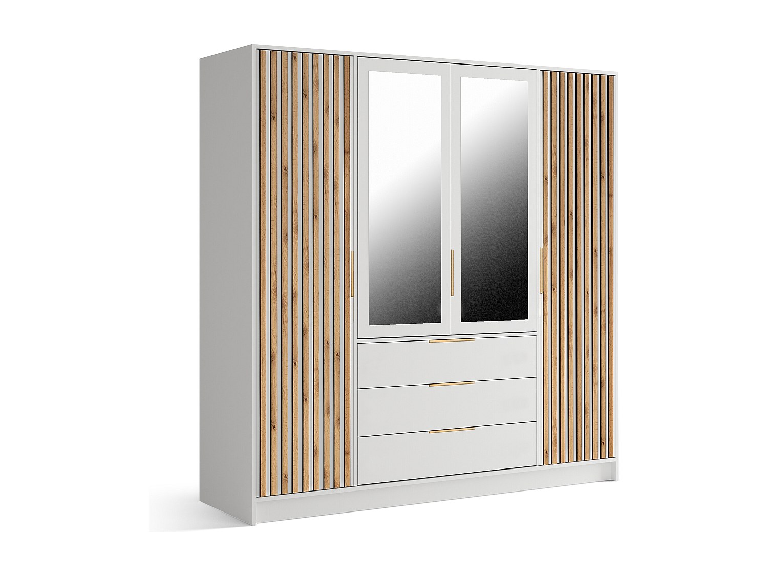 Armoire 4 portes et 3 tiroirs – Avec miroir - L196 cm – Coloris : Naturel et Blanc - LIRMADA