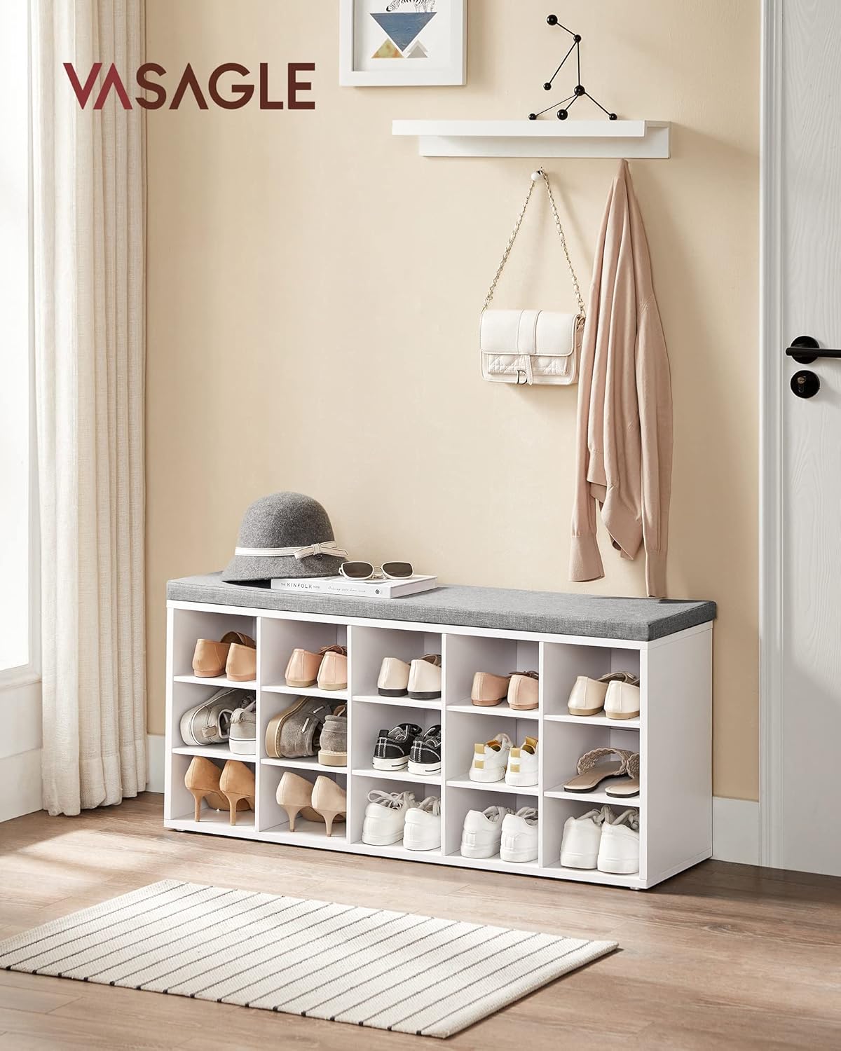 Vasagle - Banc Chaussures, Meuble Chaussures Entrée, Banc Rangement Avec 15 Compartiments, Siège Rembourré, Capacité De Charge 200 Kg, Blanc Et Gris Lhs15wt