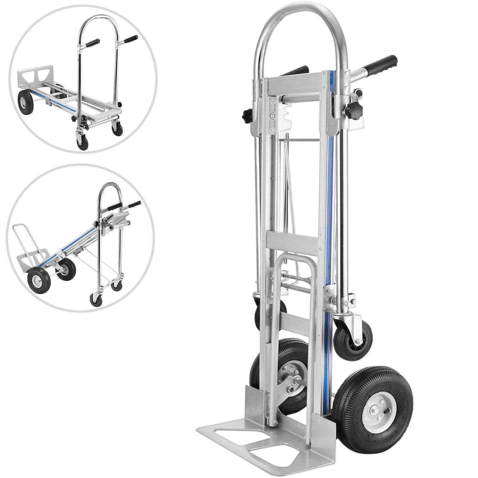Diable pliable 3-en-1 en aluminium, 2 roues 250 kg ou 4 roues 350 kg, roues 10 et 5 pouces