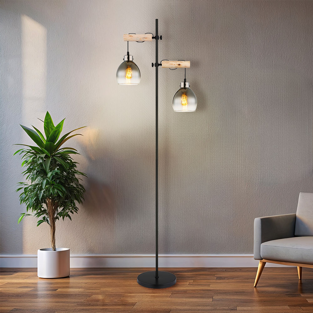 Globo Schwarz - Stehlampe Stehleuchte Wohnzimmerlampe 2 Flammig Höhenverstellbar Rauchglas Holz