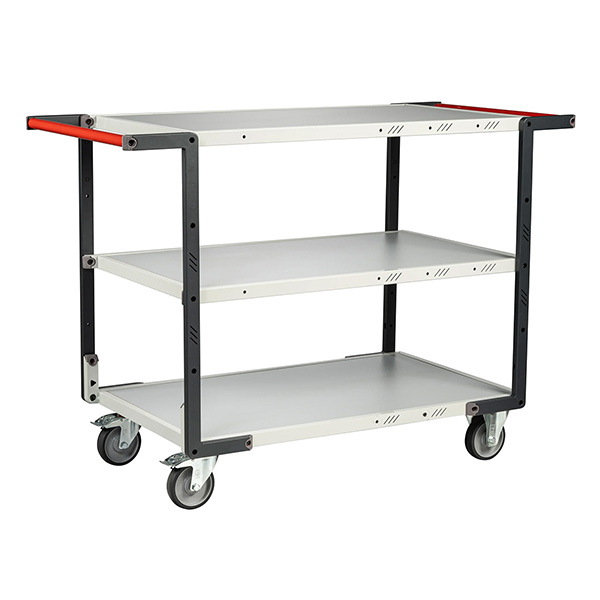 Servante d'atelier à monter, 3 plateaux mélaminés 850x495 mm, charge 250 kg, roues TPE