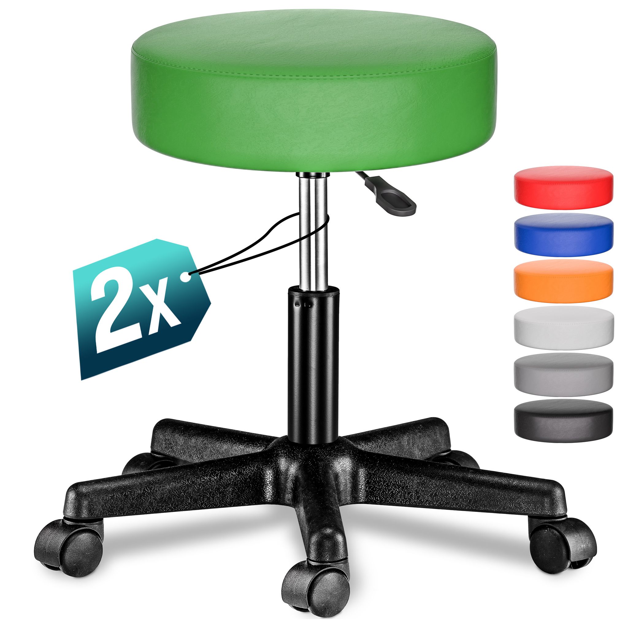 Rollhocker Höhenverstellbar 10cm Polsterung 46-60cm Sitzhöhe 360° Drehbar Ø35cm Rund Rollen Bürohocker Drehhocker Arbeitshocker Hocker 2er Set Grün - Casaria