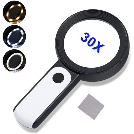 Loupe à main 30x avec 18 LED et 3 modes d'éclairage, verre optique 80 mm