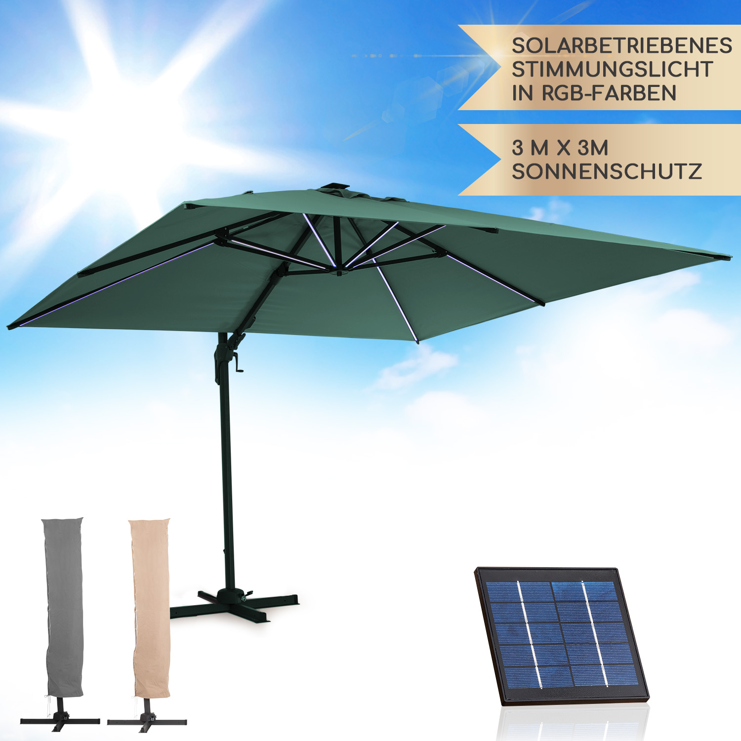 Arles Sonnenschirm 300 x 300 cm Polyester UV50+ wasserabweisend LED-Licht Dunkles Moosgrün