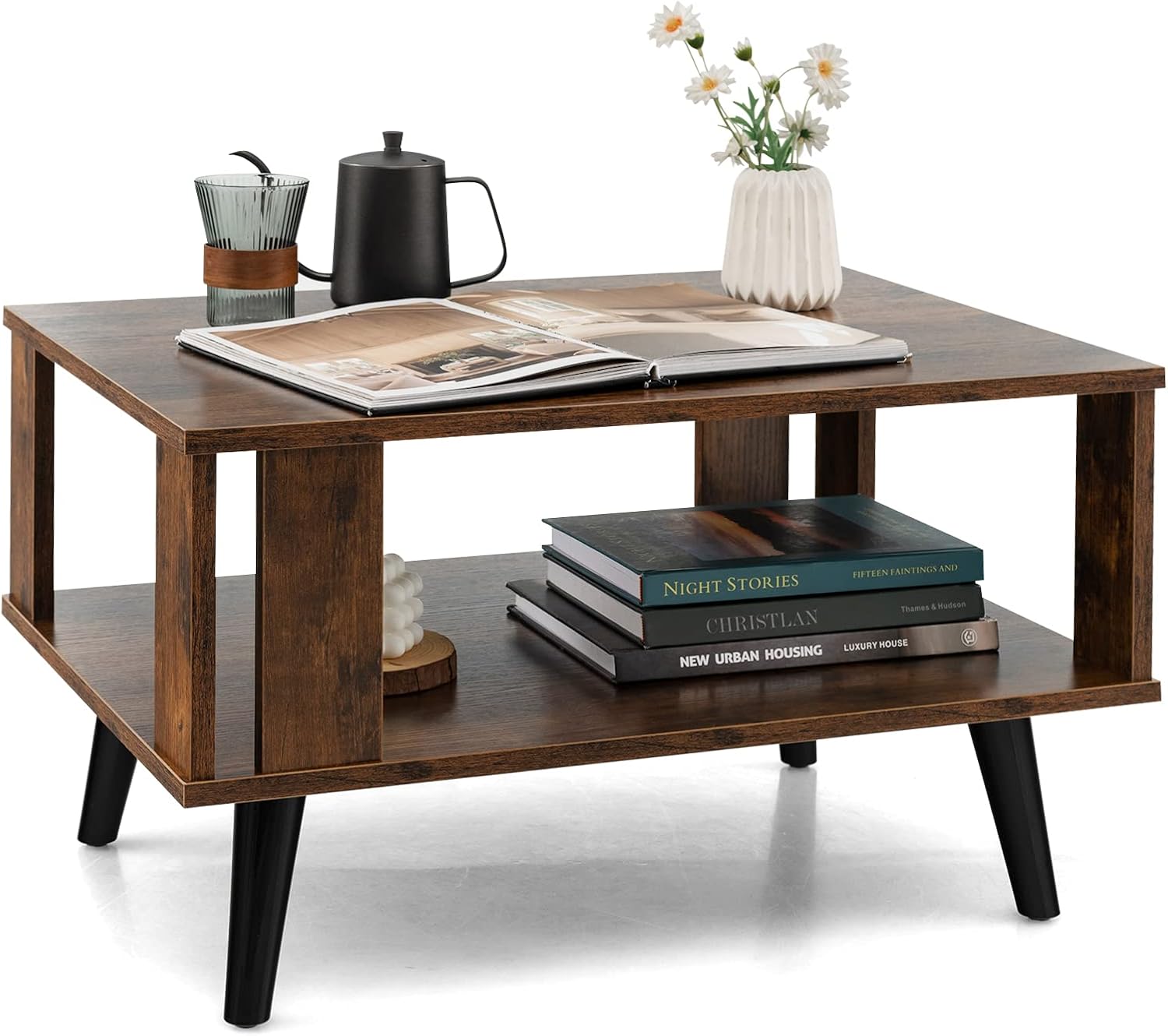 Costway – Table Basse Fixe 2 Niveaux – Style Industriel Marron Rustique