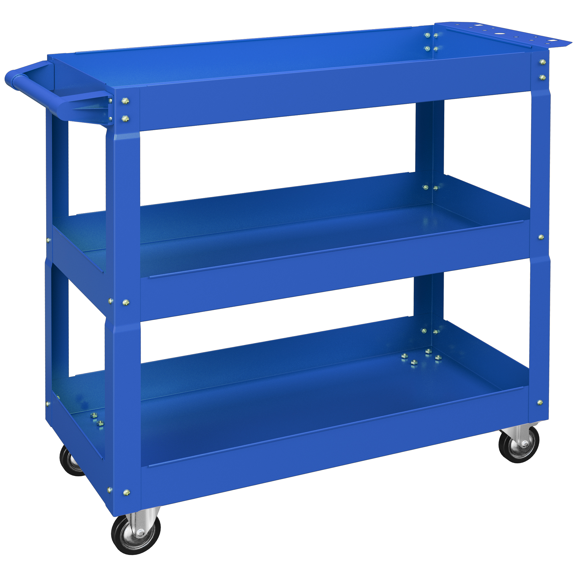 Chariot de service d'atelier à 3 étagères en acier, charge 150 kg, 83 x 35,3 x 76 cm, bleu, avec poignée et roulettes