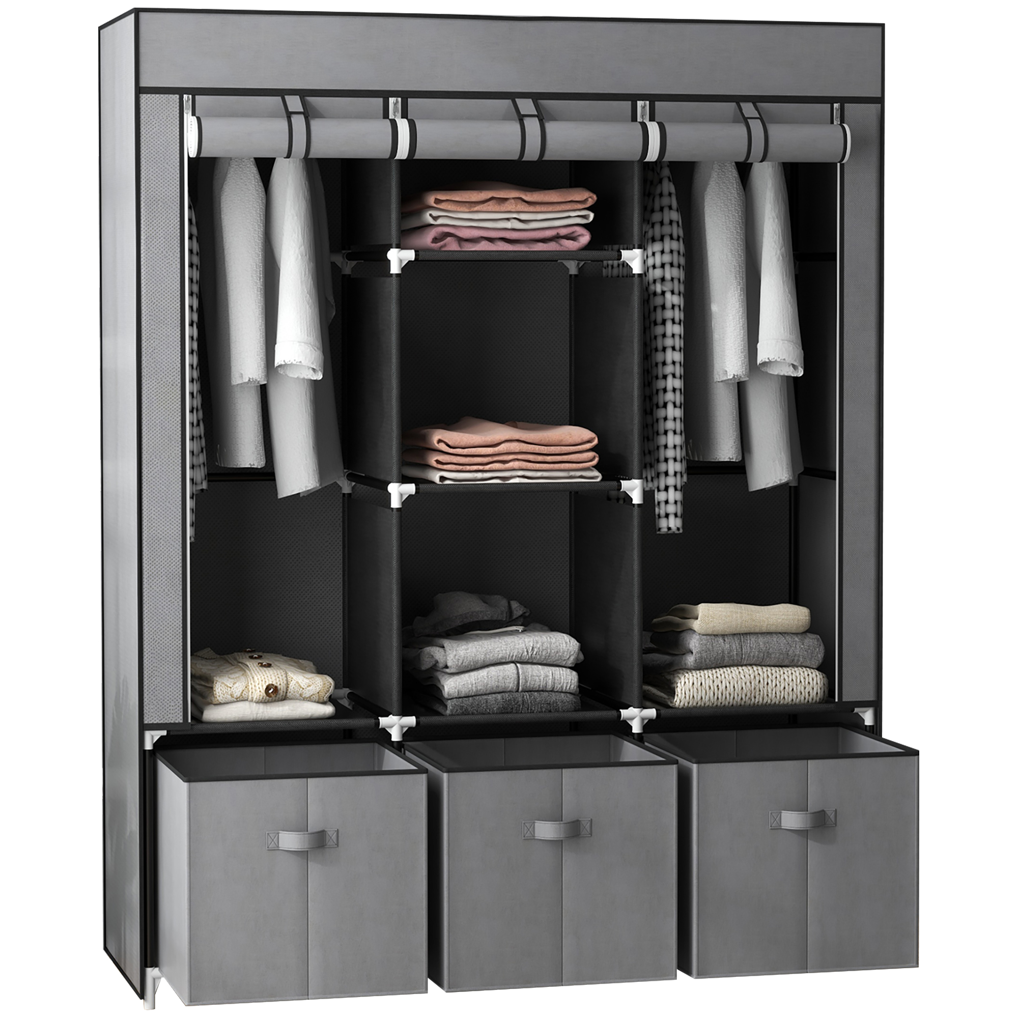 Kleiderschrank Stoffschrank Mit Kleiderstange, Schubladen, Reißverschluss Faltschrank Für Schlafzimmer, Ankleidezimmer, 125 X 43 X 162,5 Cm, Dunkelgrau - Homcom