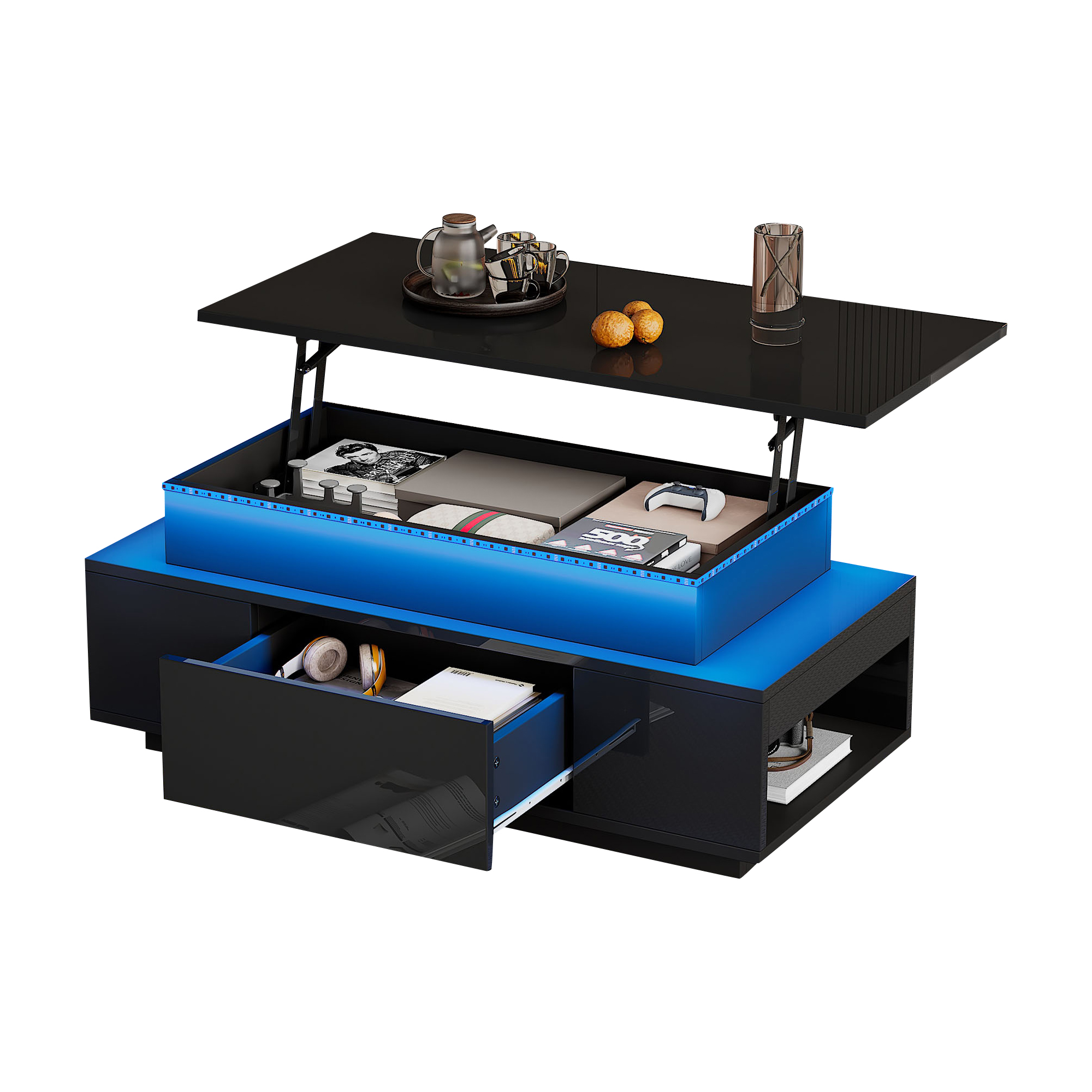 Stilvora Couchtisch Mit Hydraulisch Höhenverstellbarer Tischplatte, Led Lichtstreifen, 1 Schublade, Hochglanz, 96 × 45 × 40 Cm, Schwarz