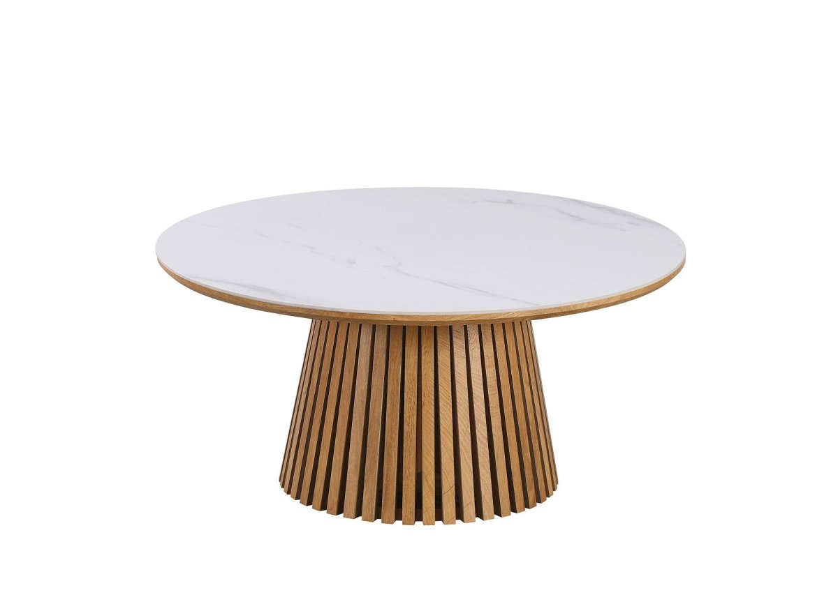 Deco In Paris – Table Basse Ronde En Bois Clair – Plateau En Céramique Blanche – Pied En Mdf Finition Hêtre – Style Moderne Et Scandinave