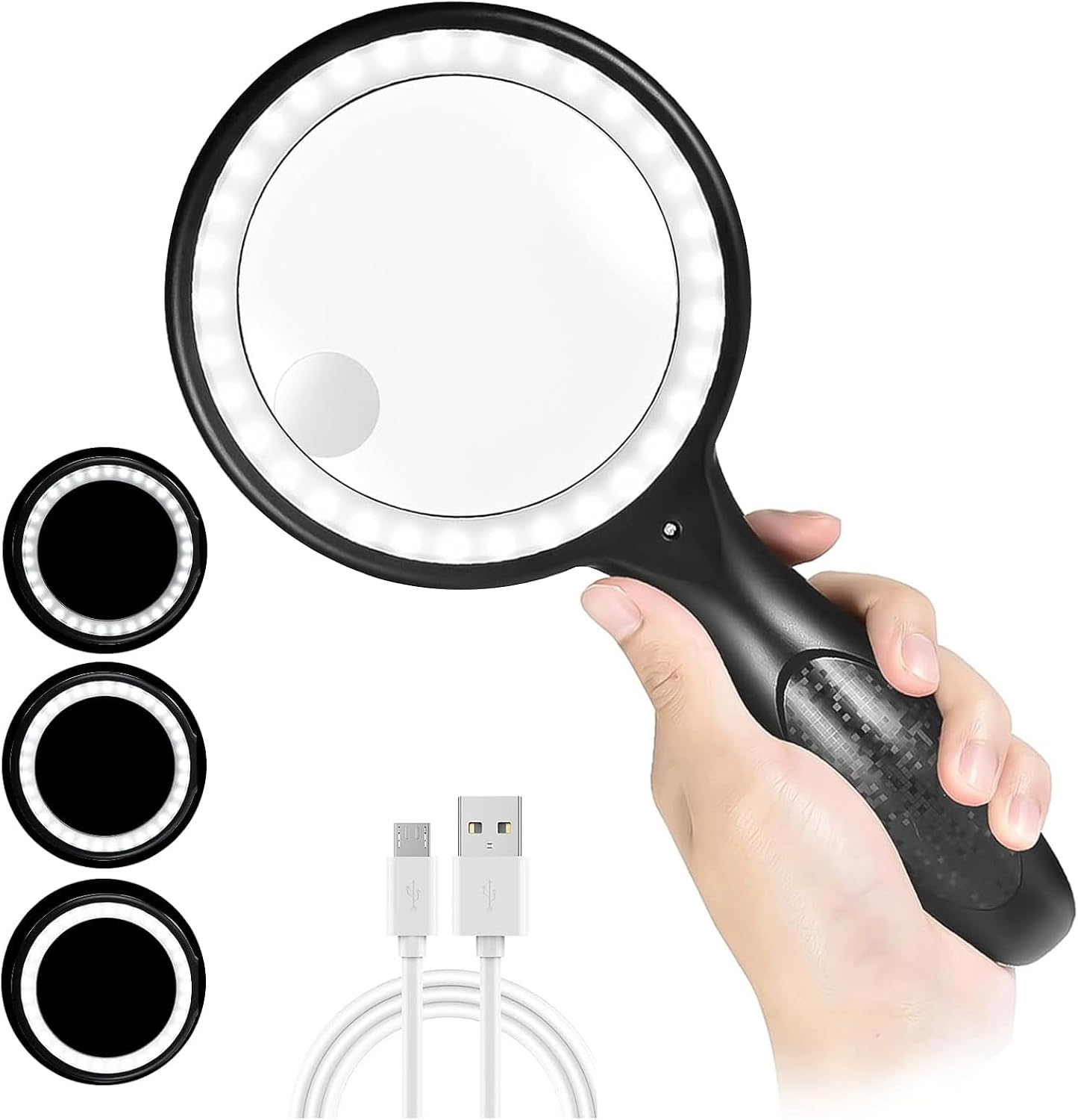 Loupe à main 60x avec 33 LED rechargeable USB, 3 modes d'éclairage, 28 cm