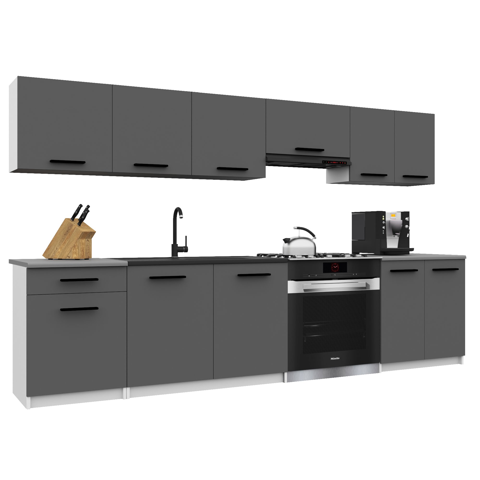 Belini Italia 2 Cuisine Equipée Modulaire Complète - 240 Cm. Meubles Hauts Bas Avec Plan De Travail, Gris Mat