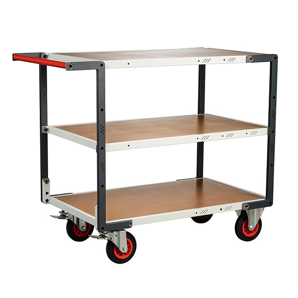 Servante d'atelier 3 plateaux médium 1000x595 mm, charge 400 kg, roues caoutchouc Ø160 mm, 1 poignée