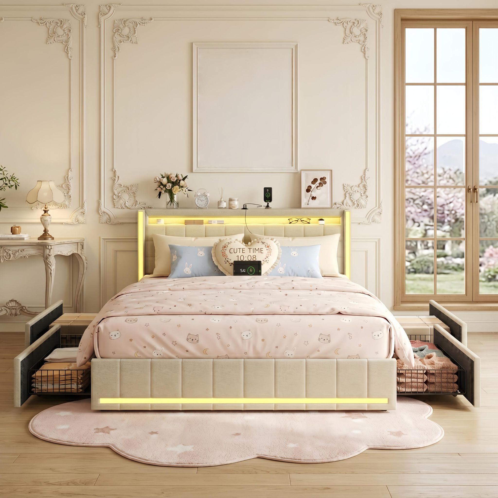 Lit Double 160x200 Cm Lin Beige Avec 4 Tiroirs - Lit Adulte Capitonné