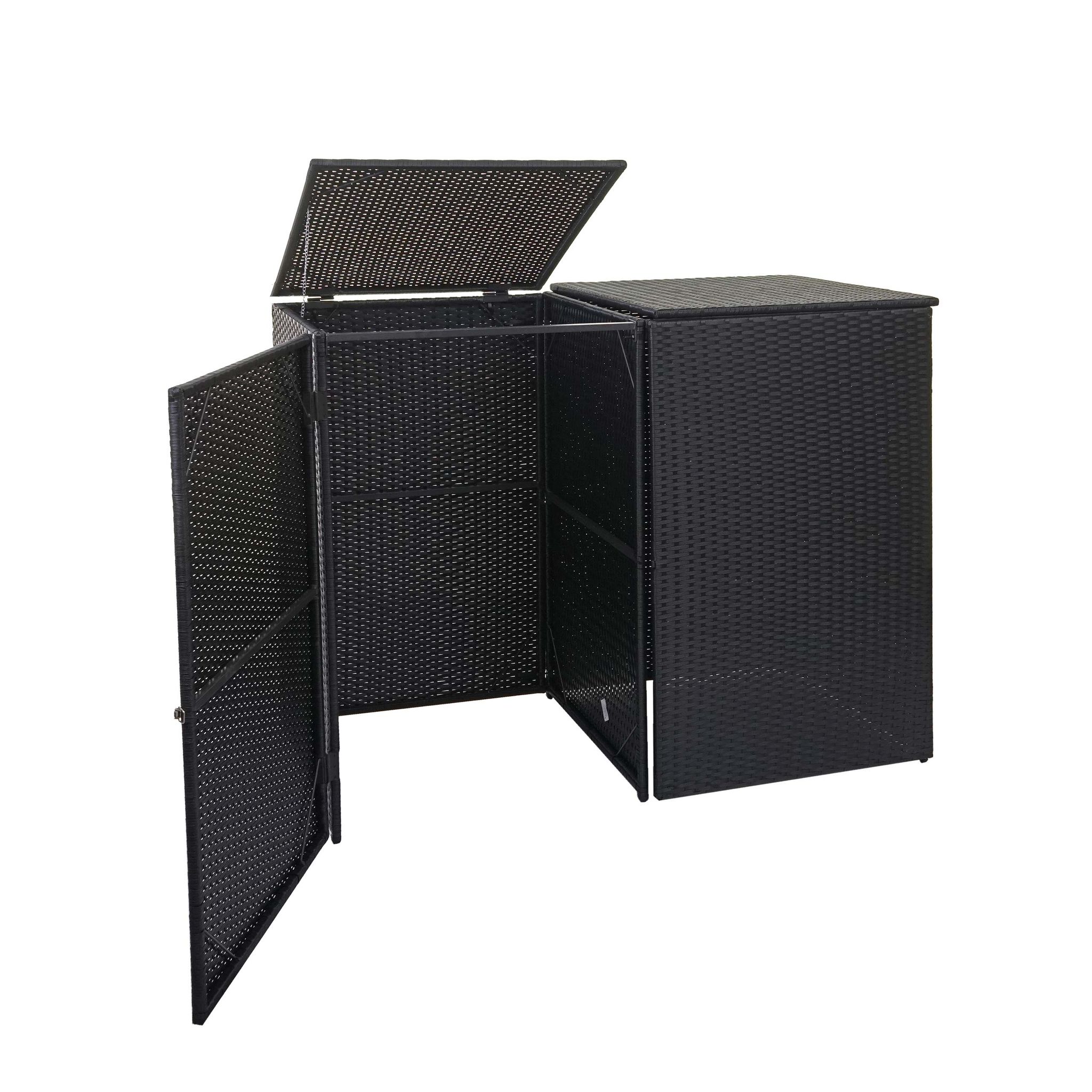 2x Copribidoni Box Spazzatura Rifiuti Hhg-257 66x130x110cm Acciaio Polyrattan Nero HHG