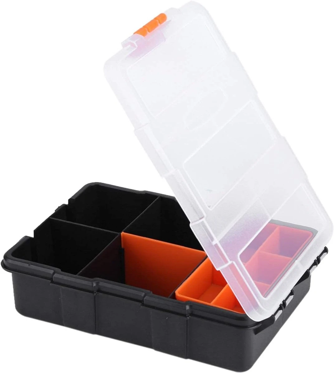Boîte de rangement à deux compartiments en plastique PP transparent, noir, pour vis, clous, rivets et boulons