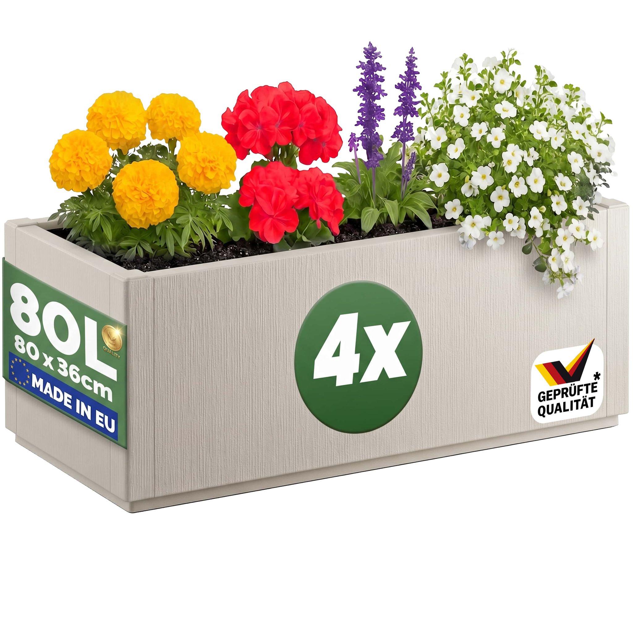 Casaria® Pflanzkasten Ethica 80x36x36cm 80l Witterungsbeständig Uv-stabil Recycelter Kunststoff Ablaufboden 2er 4er Set 4x Kreideweiss