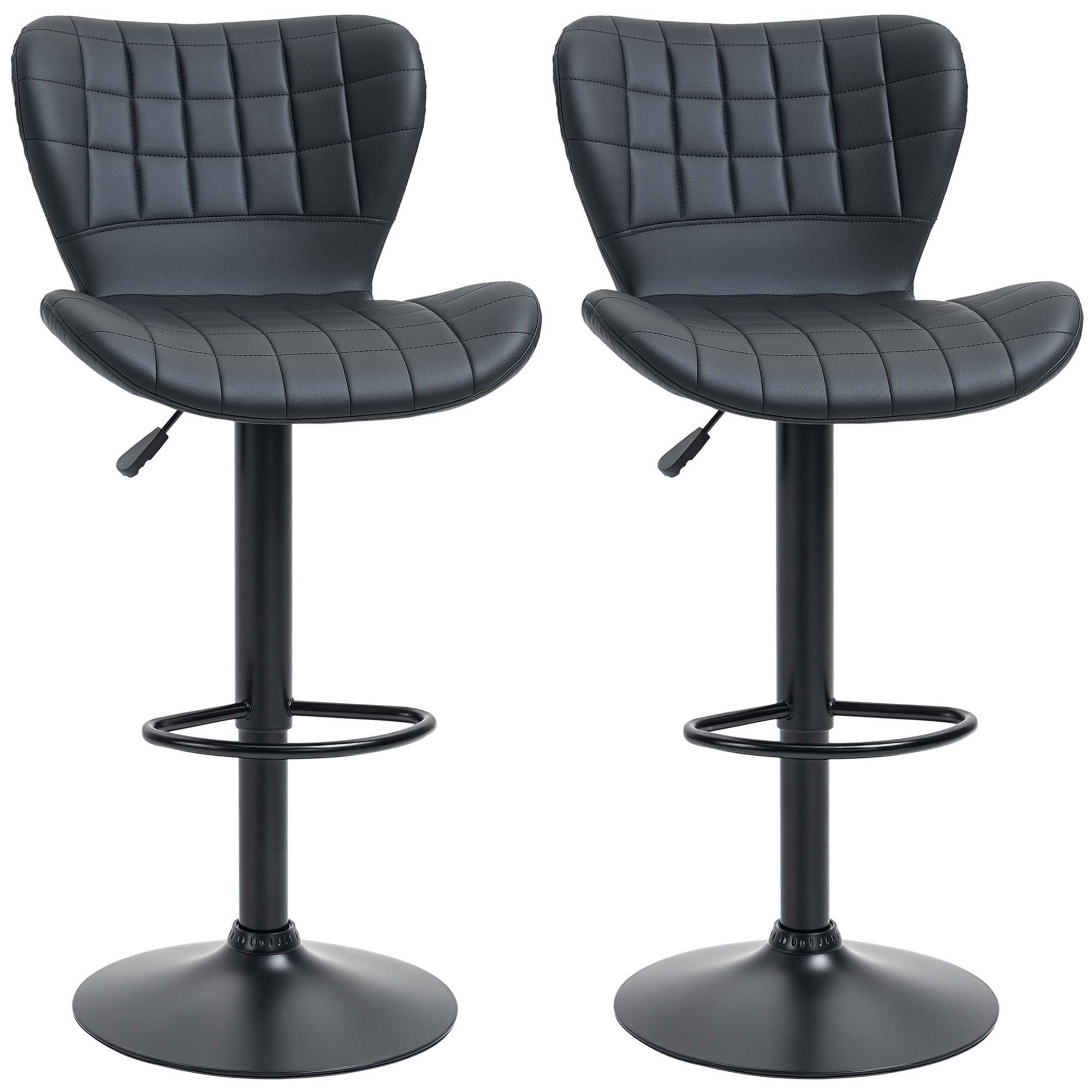 Homcom Barhocker 2er Set, Gepolstert Barstuhl Mit Metallgestell, Lehne, Höhenverstellbar Küchenstühle Mit Fußstütze, 360° Drehbar, Tresenhocker Für Küche, Wohnzimmer, Esszimmer, Kunstleder, Schwarz