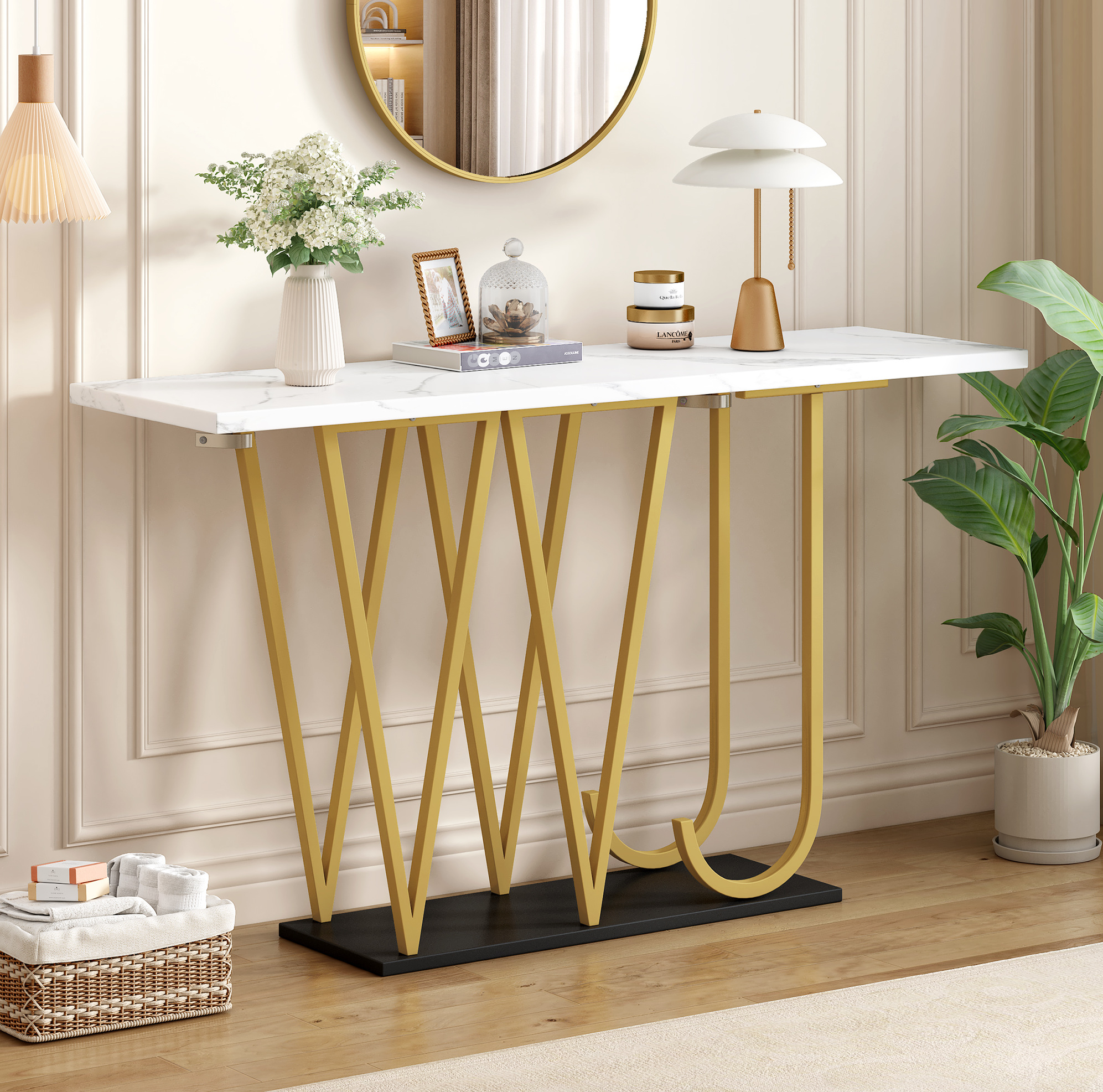 Console 120x29,5x80 Cm Blanche En Mdf Et Métal Avec Effet Marbre, Étagère Centrale Et Style Contemporain