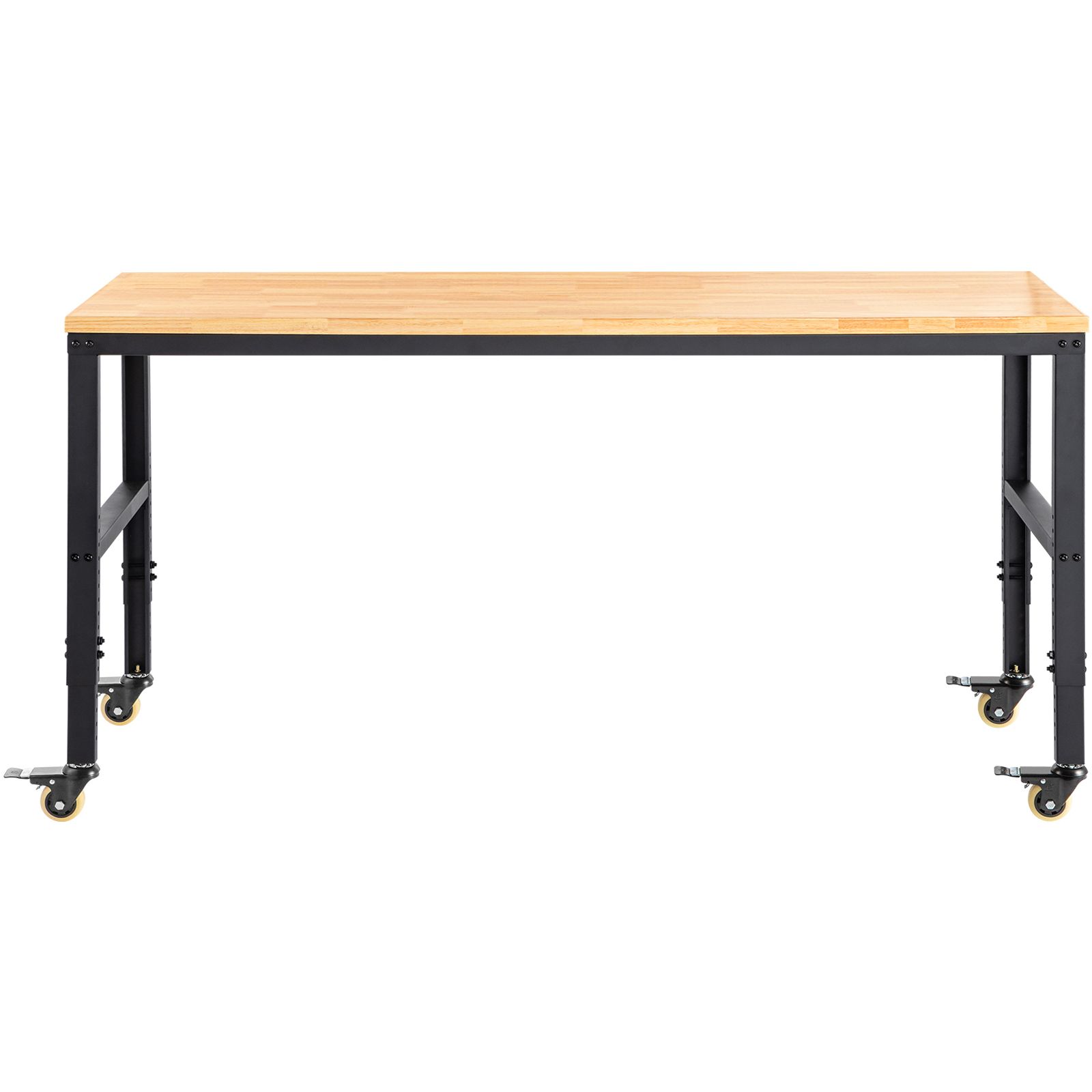 Établi réglable en hauteur, plateau bois dur 155 x 51 cm, cadre métallique, charge 720 kg, prises intégrées et roulettes pivotantes
